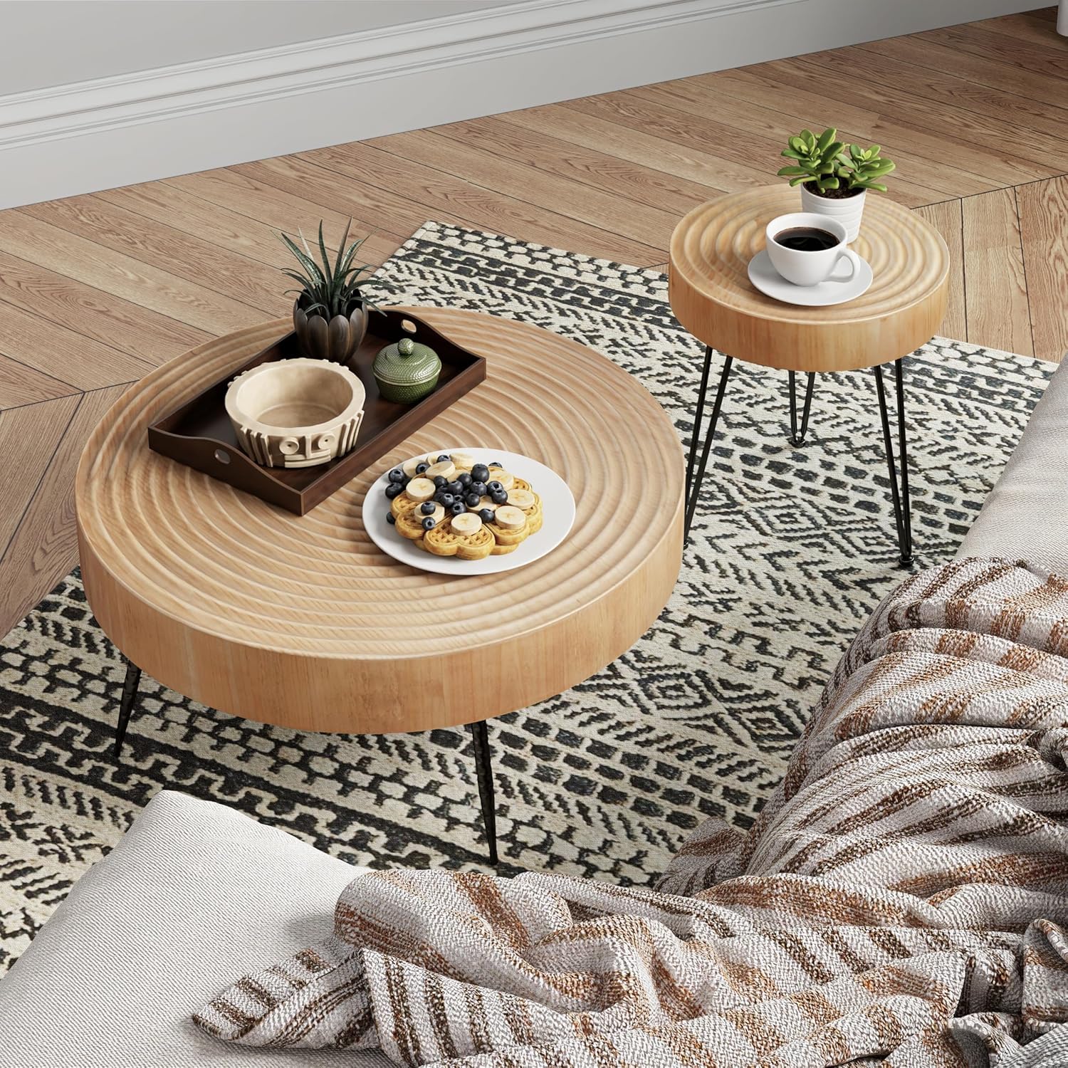 Two-Piece Modern Farmhouse Living Room Coffee Table Set Round Nesting Tables wourant