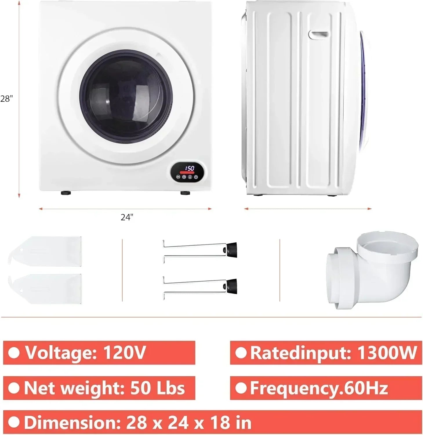 Compact Laundry Dryer 3.5 cu ft Front Load Stainless Steel Clothes Dryers With Exhaust Pipe wourant