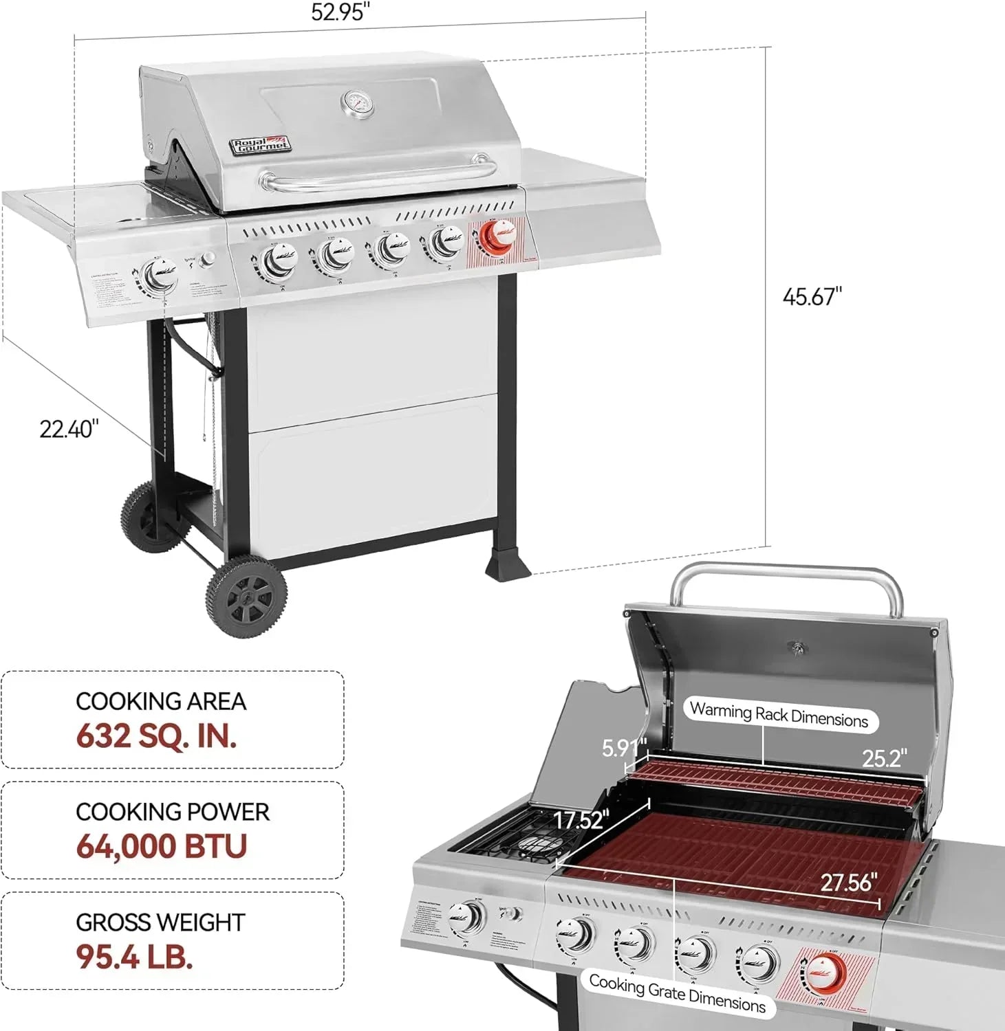 Royal Gourmet GA5401T 5-Burner Propane Gas Grill Sear Burner Side Burner Stainless Steel BBQ Grill wourant