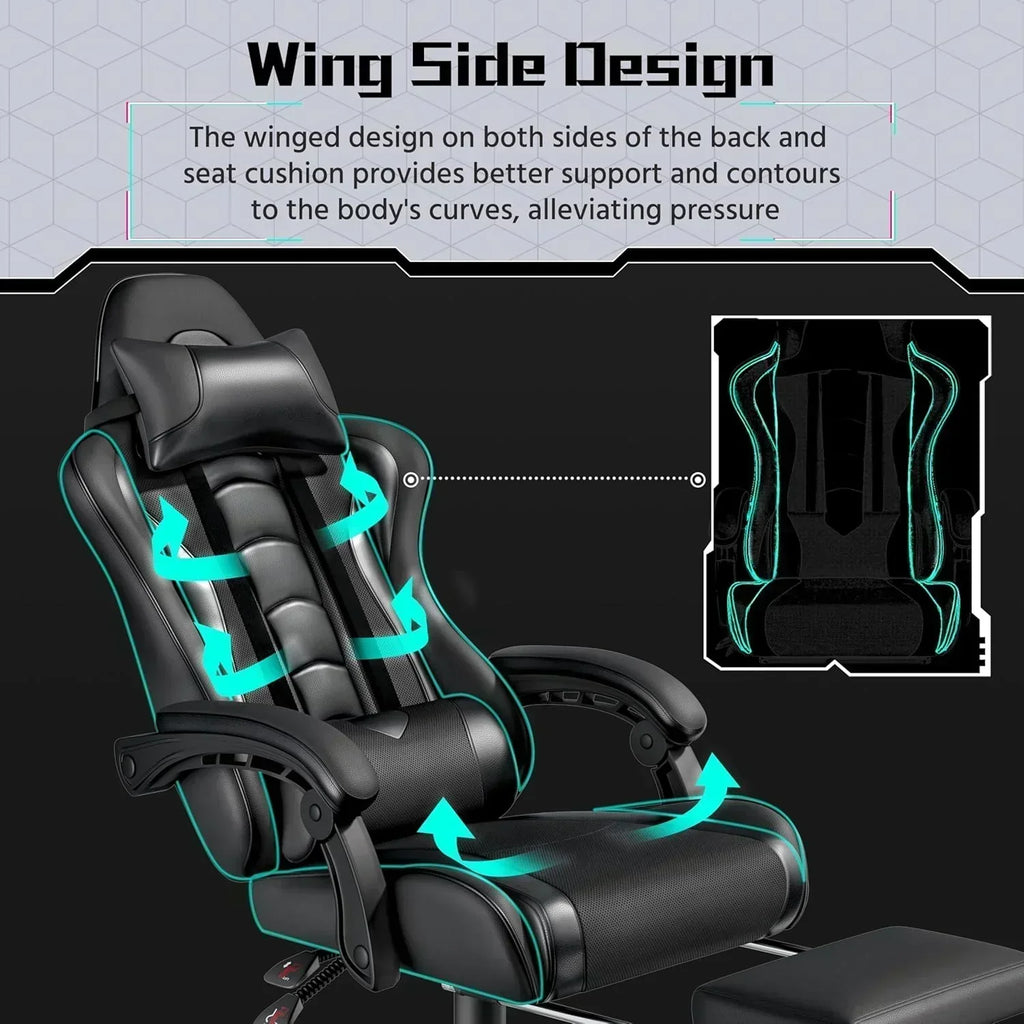 Gaming Chair with Massage Lumbar Support and Footrest Height Office Gaming Chair wourant