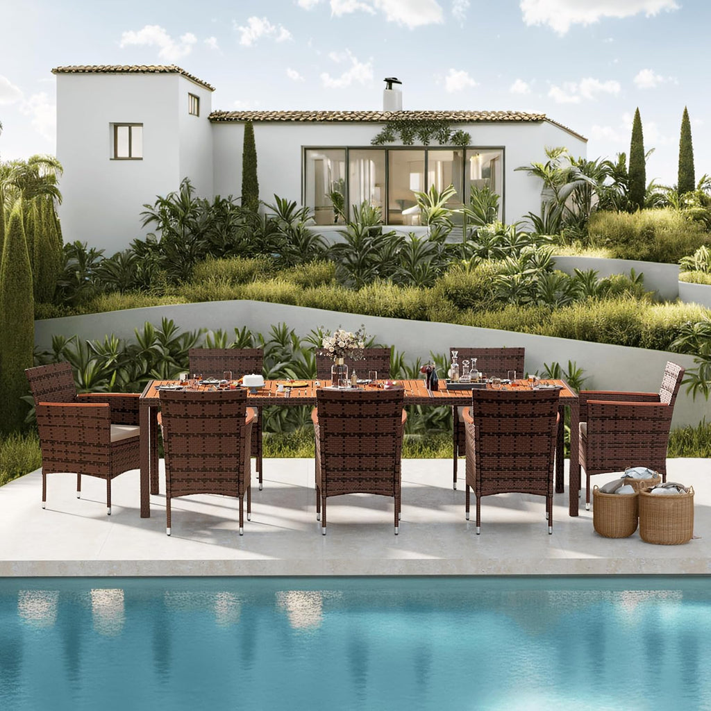 Devoko Dining 7 PCS Furniture Patio Conversation Set with Acacia Wood Table Top Rattan Outdoor wourant