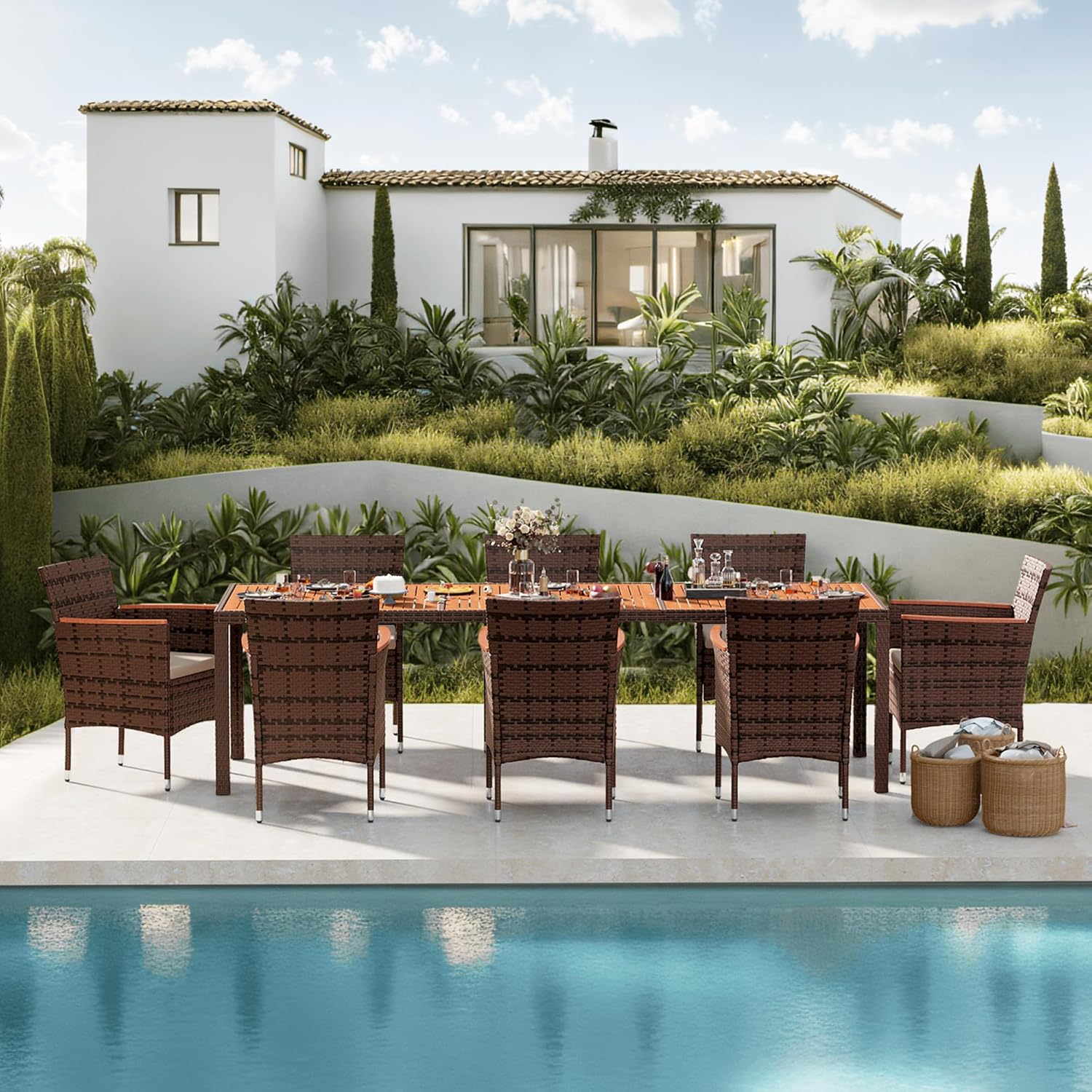Devoko Dining 7 PCS Furniture Patio Conversation Set with Acacia Wood Table Top Rattan Outdoor wourant