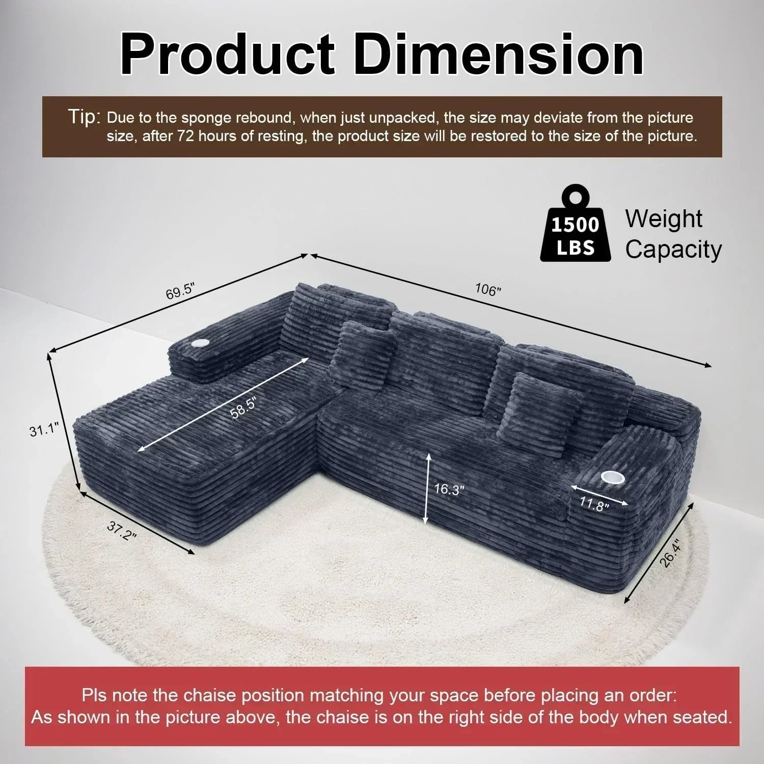 Cloud section sofa with L-shaped recliner modern modular sofa built-in cup holder wourant