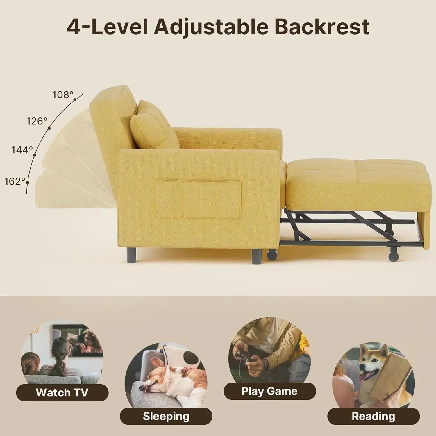 Sofa Bed Chair 3 in 1 Convertible Pullout Single Sleeper Chair Bed Spacious Multifunctional Sofa wourant