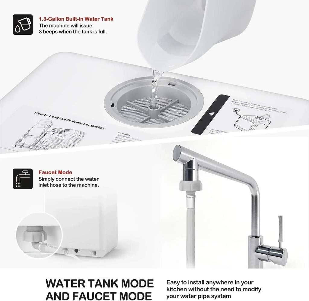 NOVETE portable tabletop dishwasher compact dishwasher with 5-liter built-in water tank wourant