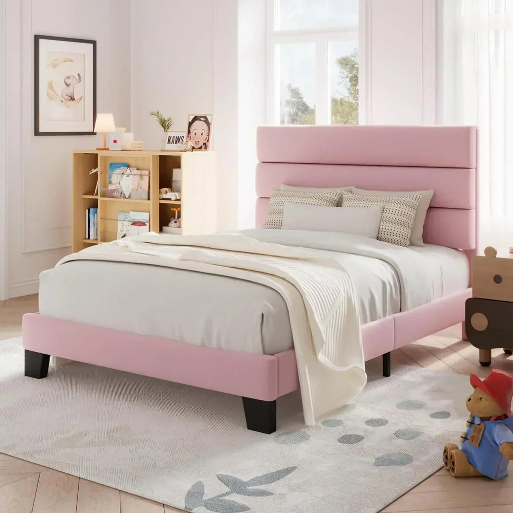 Allewie Queen Size Platform Bed Frame with Fabric Upholstered Headboard Wooden Slats Support wourant