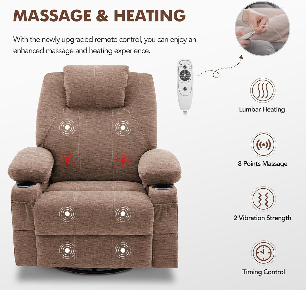 Large Swivel Rocking Recliner with Massage Function 360 Degree Swivel Rocking Single Sofa wourant