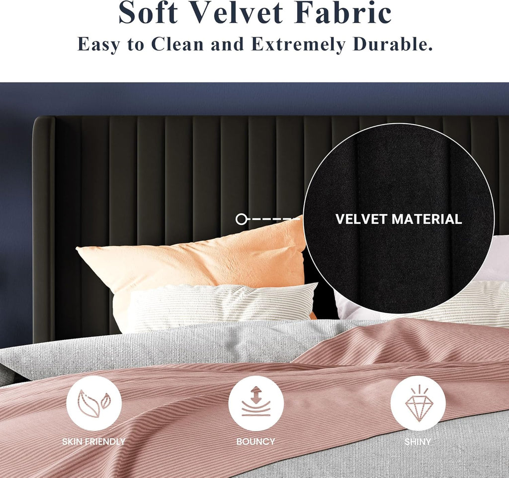 Allewie Full Size Velvet Bed Frame Vertical Channel Tufted Wingback Headboard Upholstered Bed wourant