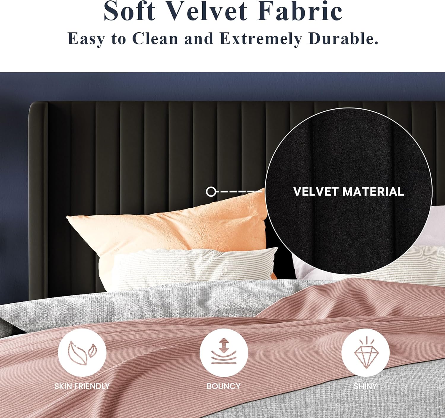 Allewie Full Size Velvet Bed Frame Vertical Channel Tufted Wingback Headboard Upholstered Bed wourant