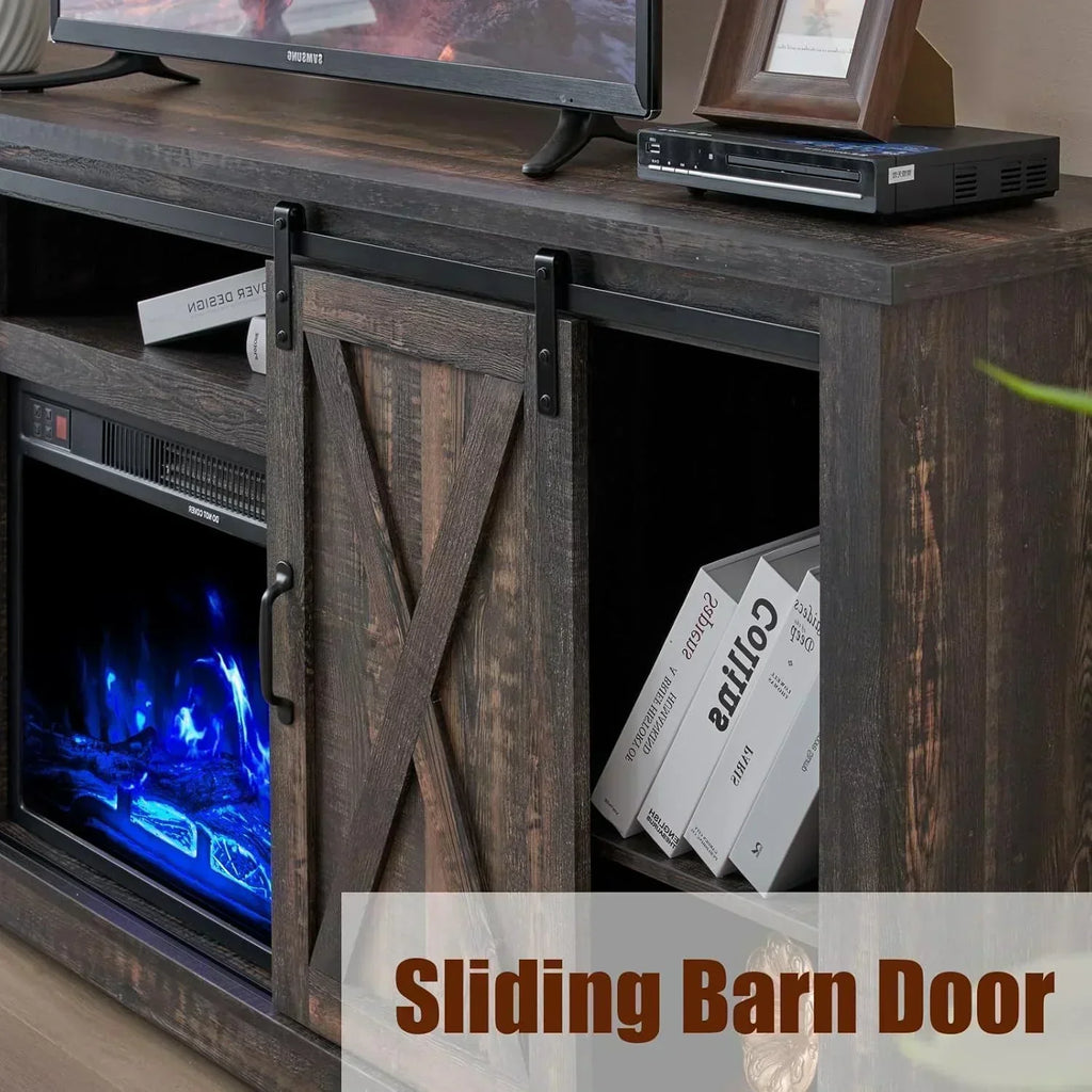 AMERLIFE Fireplace TV Stand with Sliding Barn Door  Farmhouse 63" Fireplace Entertainment Center wourant