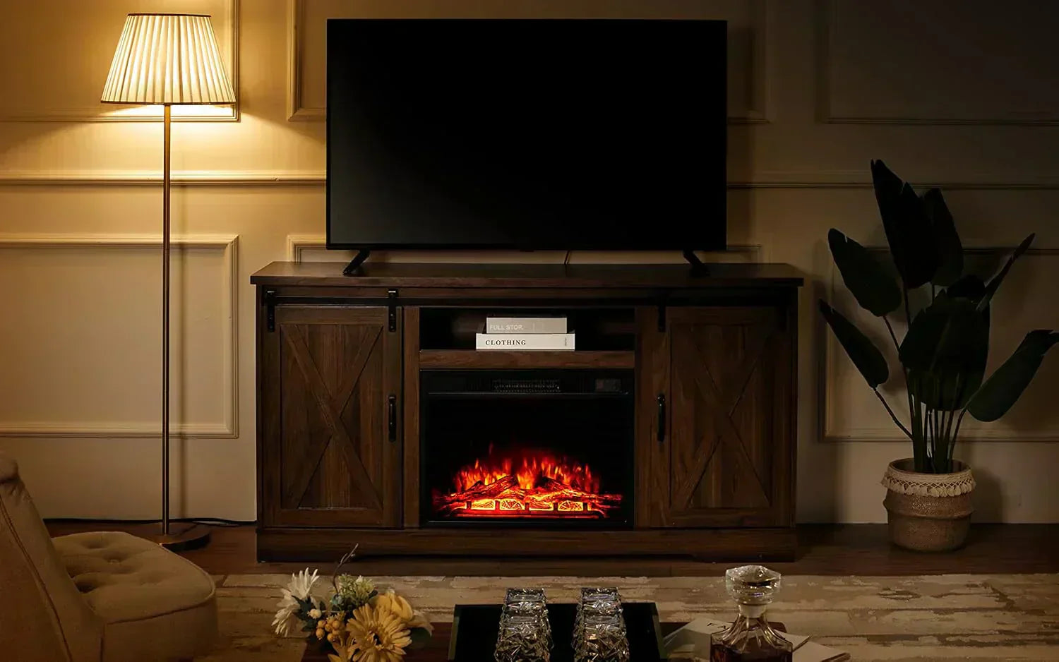 AMERLIFE Fireplace TV Stand with Sliding Barn Door  Farmhouse 63" Fireplace Entertainment Center wourant