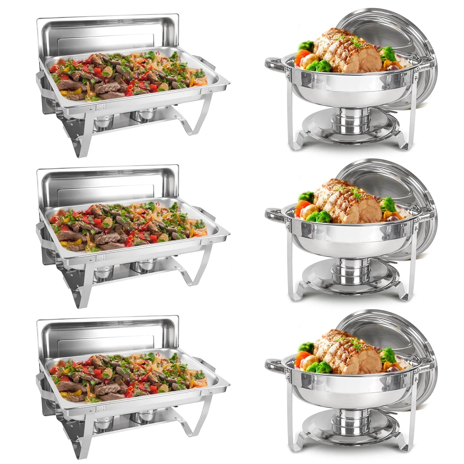Chafing Dish Buffet Set 6 Packs 5QT Round & 8QT Rectangle Stainless Steel Chafer wourant