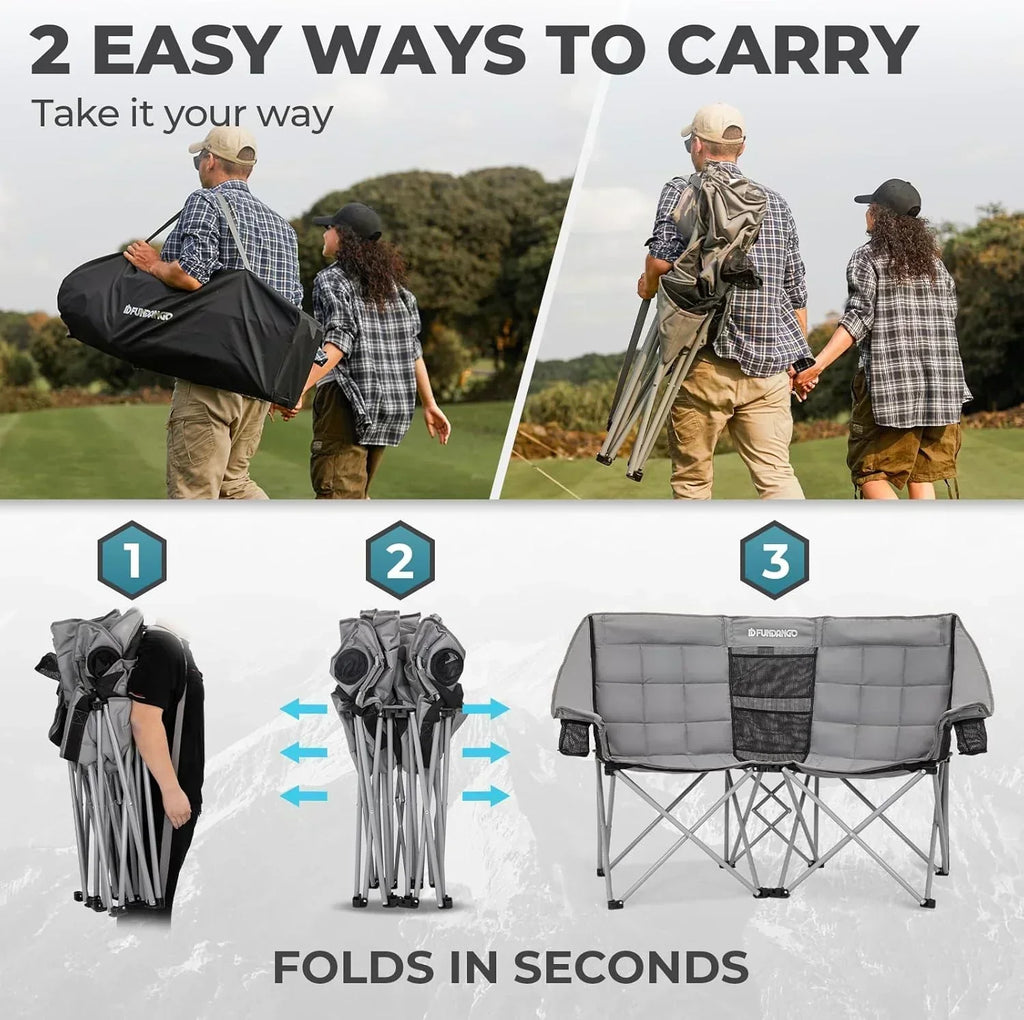 Double Camping Chair Cooler 3-Person Folding Extra Large Camping Chair 1000-Pound Capacity wourant