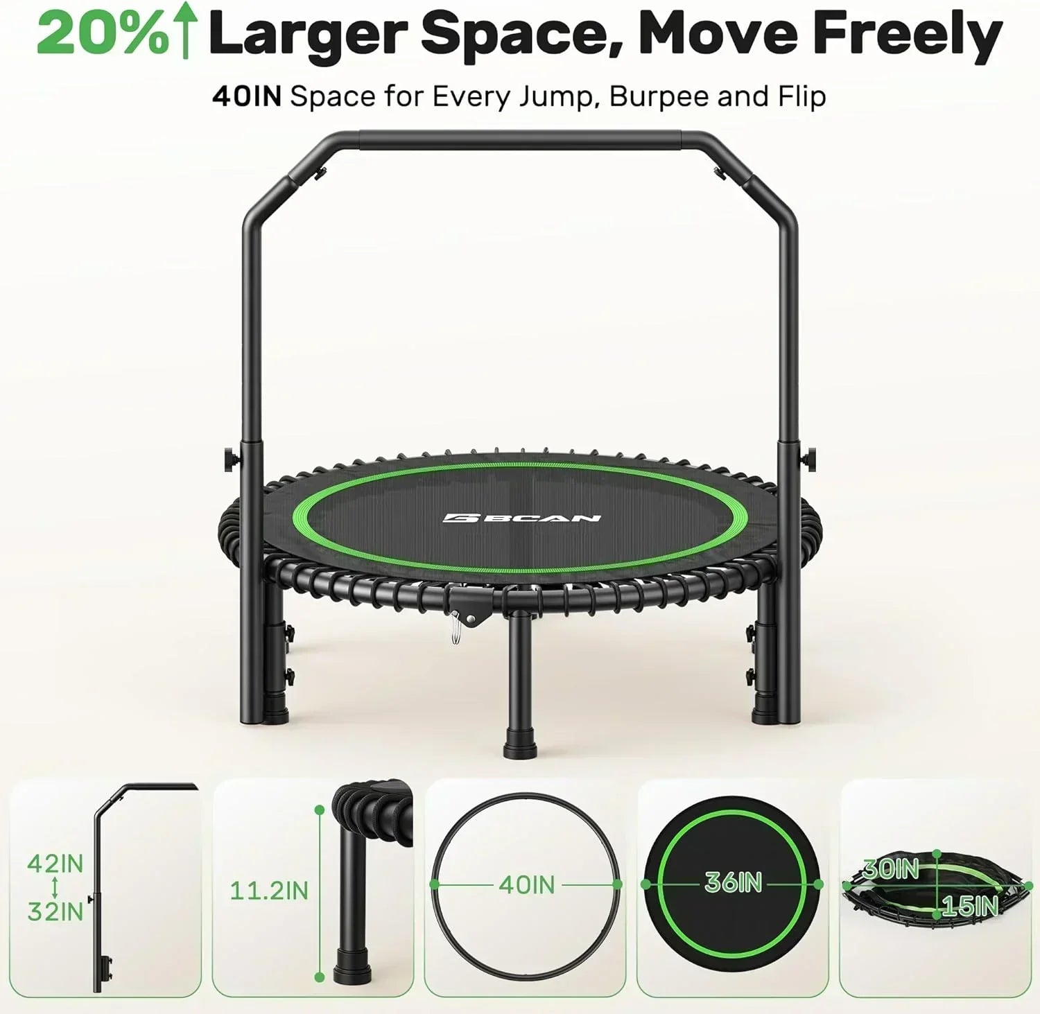BCAN 450/550 LBS Foldable Mini Trampoline Fitness Trampoline Bungees Adjustable Foam Handle wourant