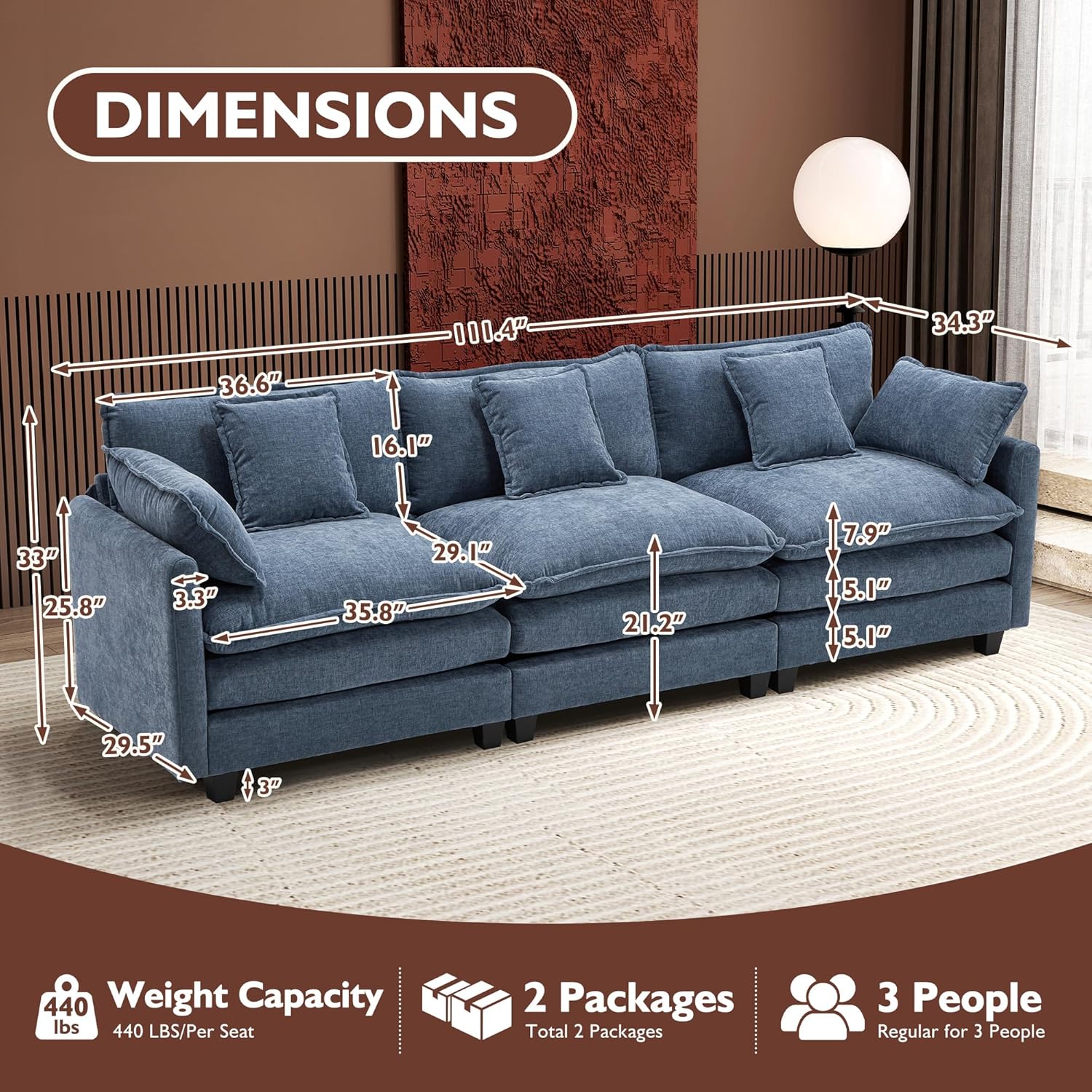 111.4 Inch L Shaped Modern Sofa Modular Cloud Sofa with Ottoman 4 Seater Chenille Deep Seat Sofa wourant