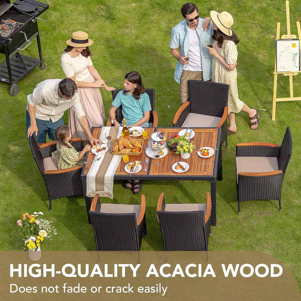Devoko Dining 7 PCS Furniture Patio Conversation Set with Acacia Wood Table Top Rattan Outdoor wourant