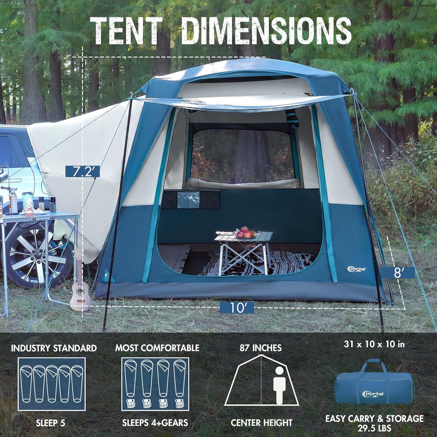 Portal 5-Person SUV Tent with Porch 2-in-1 Car Camping Tent Water-Resistant Windproof Trunk Tent wourant