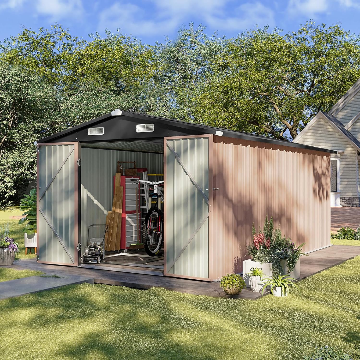 Aoxun 6.2x4 FT Shed Outdoor Storage Shed Metal Garden Shed Sloping Roof Tool Shed Bike Shed wourant