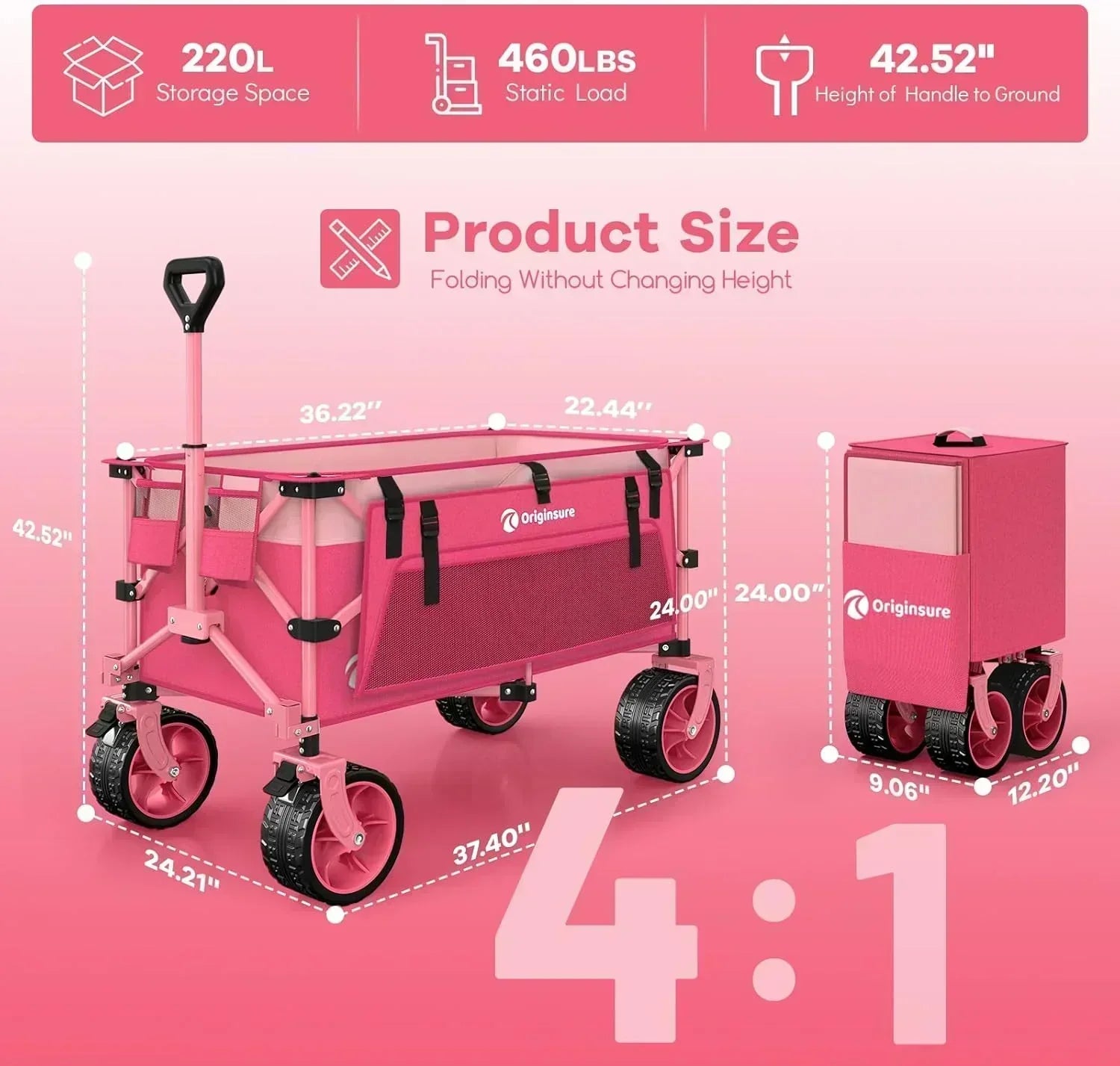 38" long foldable four-wheel stroller 460 lb capacity 220 liter folding beach stroller wourant