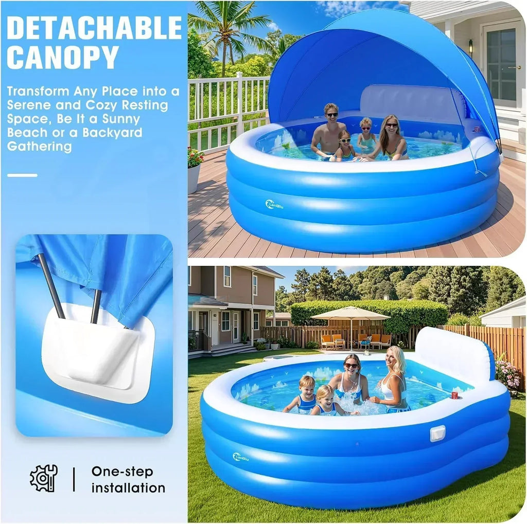 2025 Upgraded Inflatable Pool with Canopy Inflatable Family Lounge Pool Round Blow Up Pool wourant