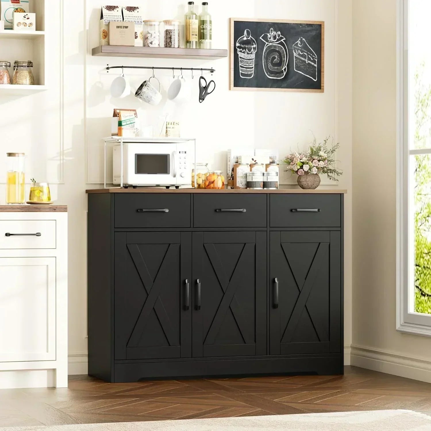 Modern farmhouse sideboard barn door buffet storage cabinet with drawers and shelves wourant