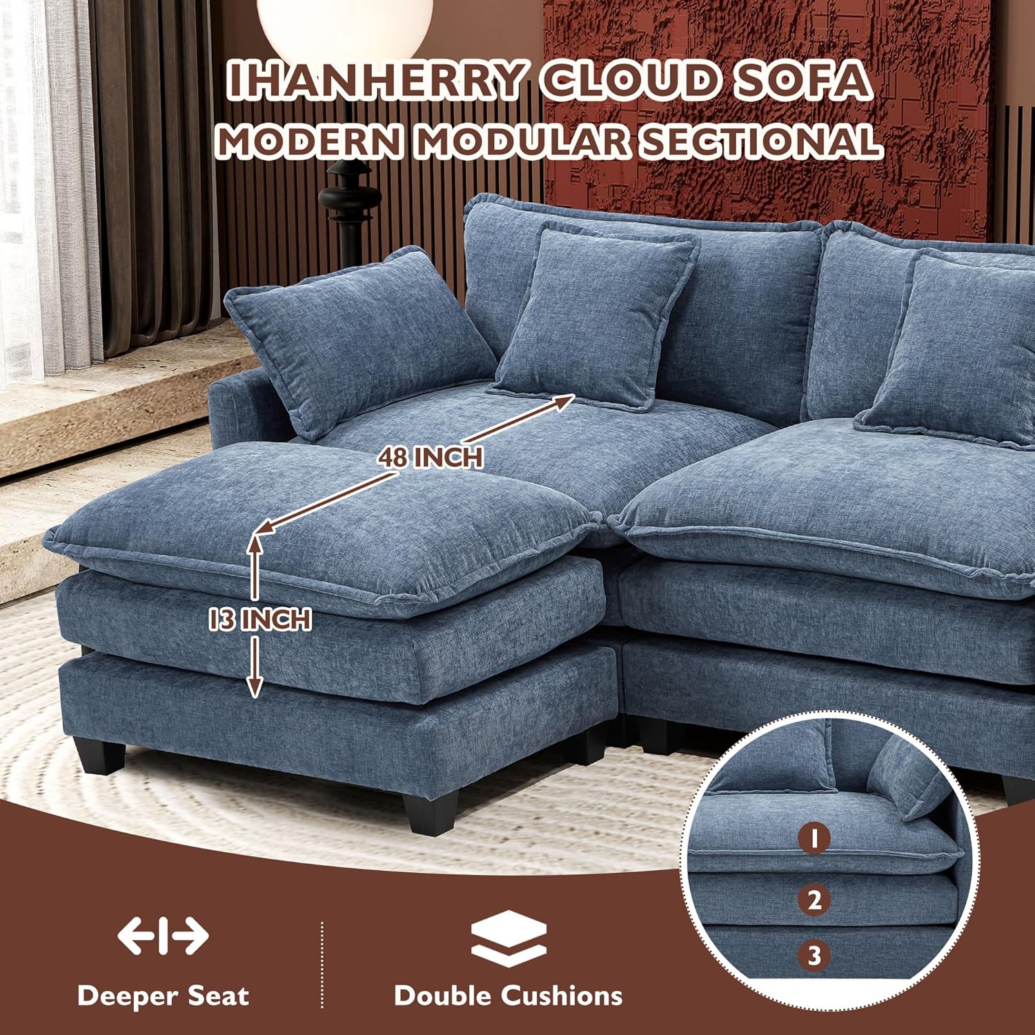 ihanherry 146-inch U-shaped modern sofa modular area cloud sofa wourant