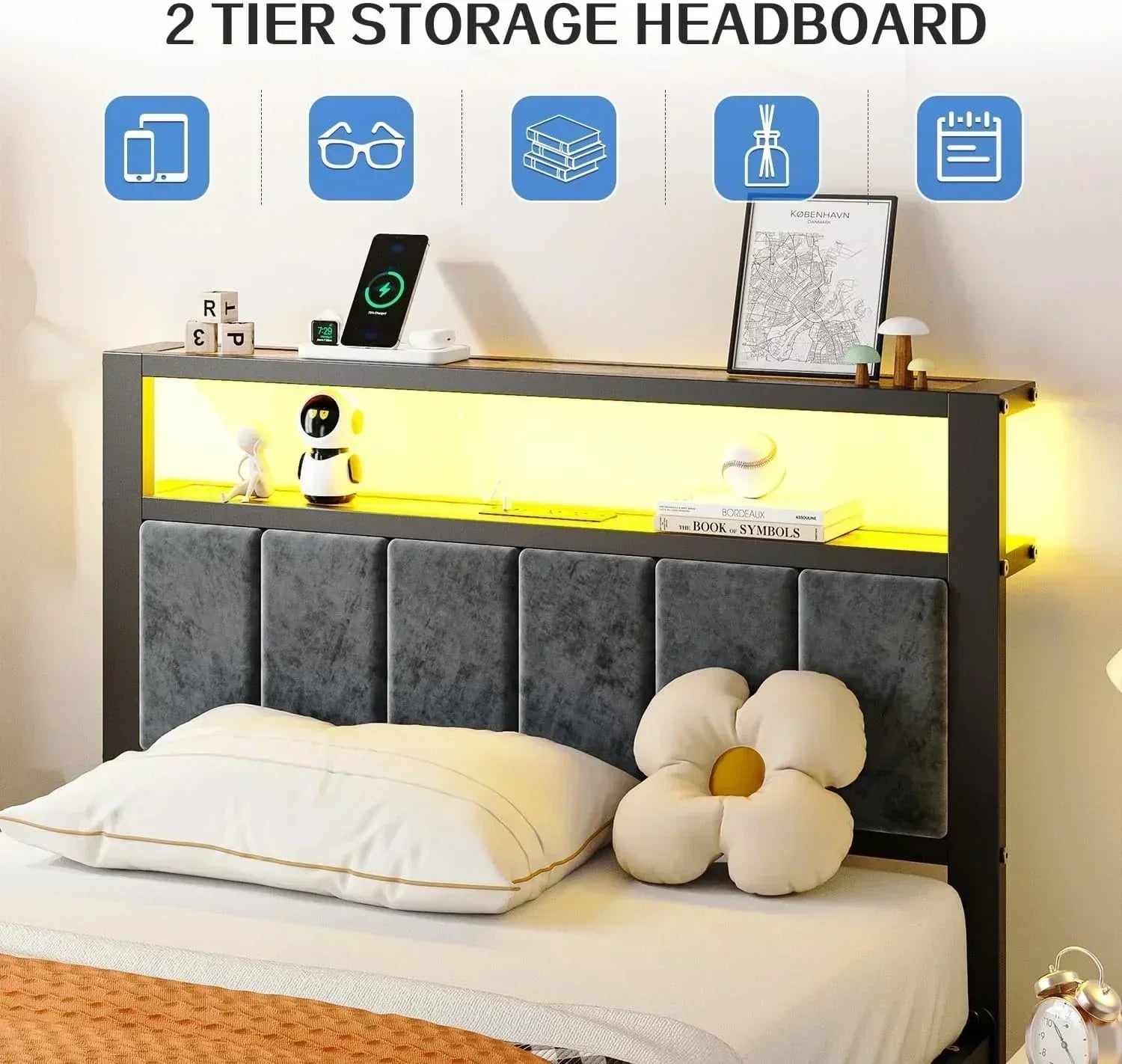 Queen Size Bed Frame with 2-Tier Storage Shelves Headboard Platform Bed with Charging Station wourant