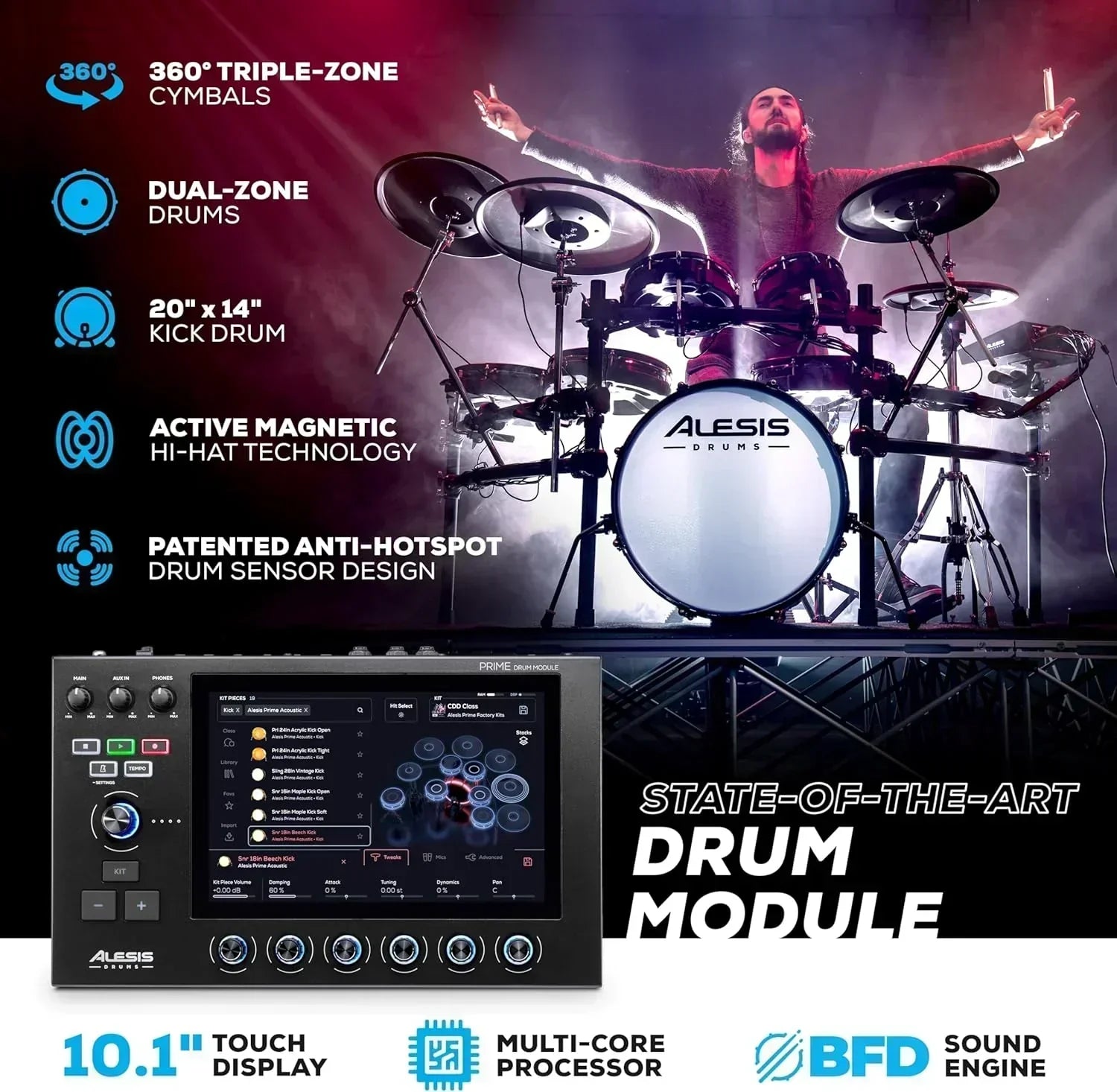 Alison Strata Prime Electronic Drum Set with Touch Screen Dual Area Grid Head wourant