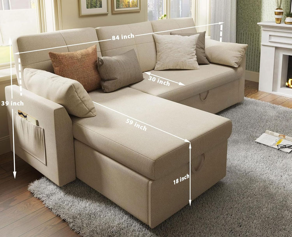 VanAcc Sofa Bed Sleeper Sofa with Storage Chaise 2 in 1 Pull Out Couch Living Room wourant