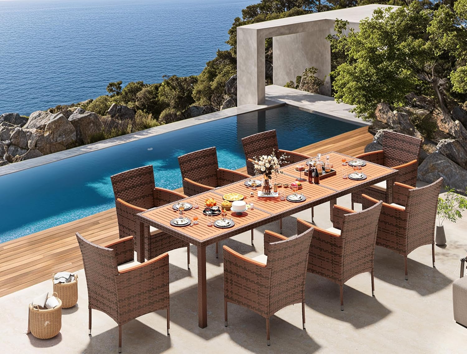 Devoko Dining 7 PCS Furniture Patio Conversation Set with Acacia Wood Table Top Rattan Outdoor wourant