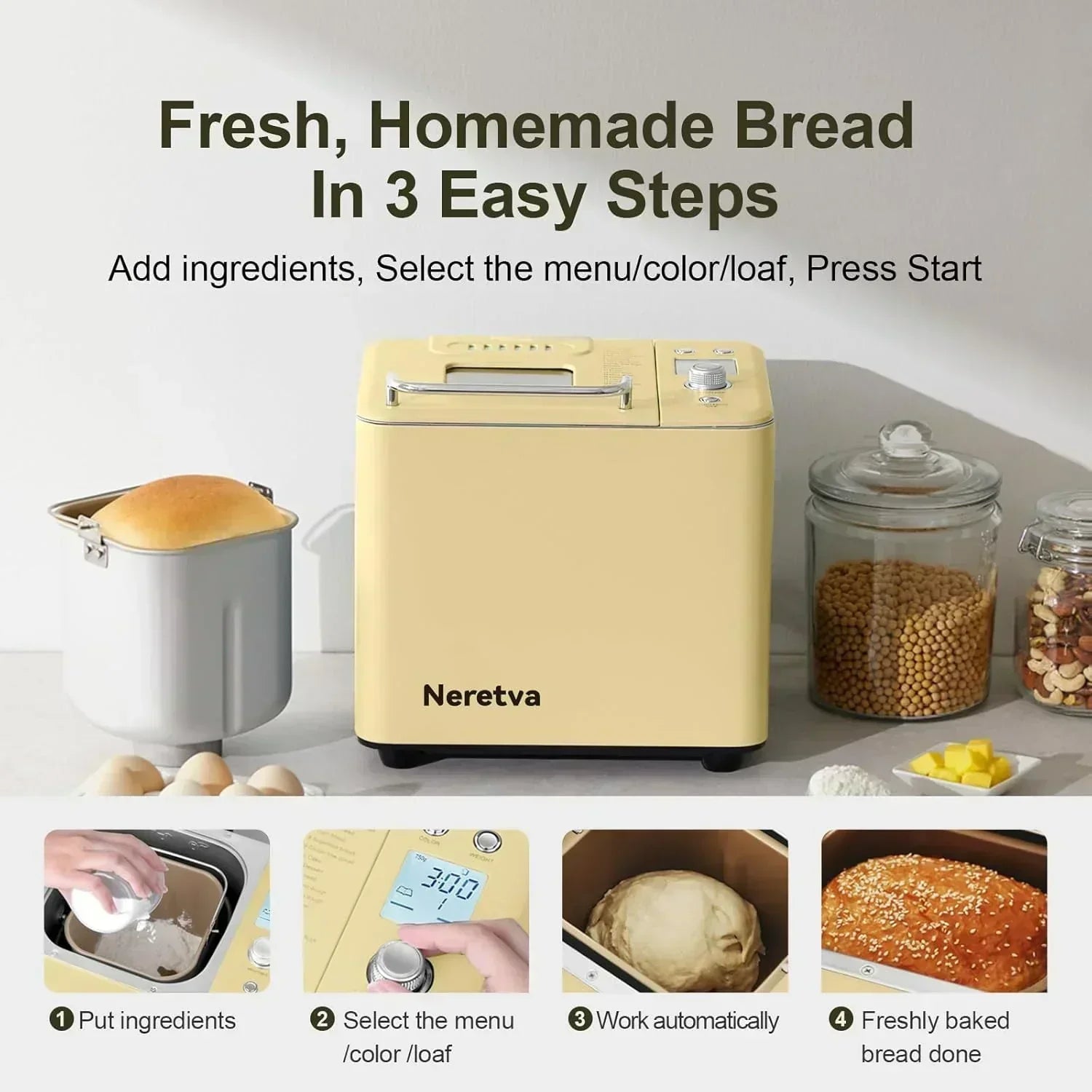 Neretva Bread Maker 20-in-1 2LB Bread Maker Dual Heater Bread Maker Automatic Ceramic Pan wourant