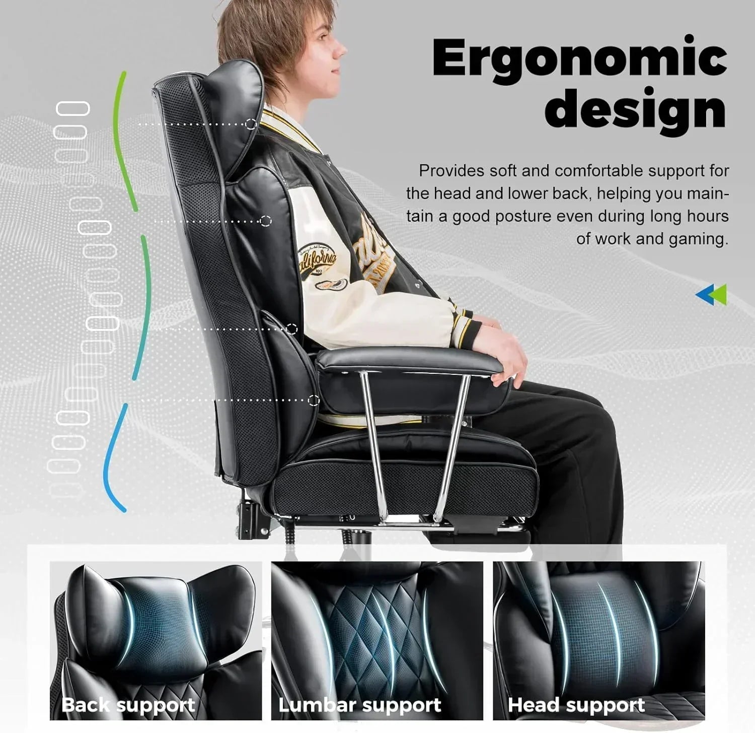 Large high back office chair high back leather gaming chair with footrest wourant