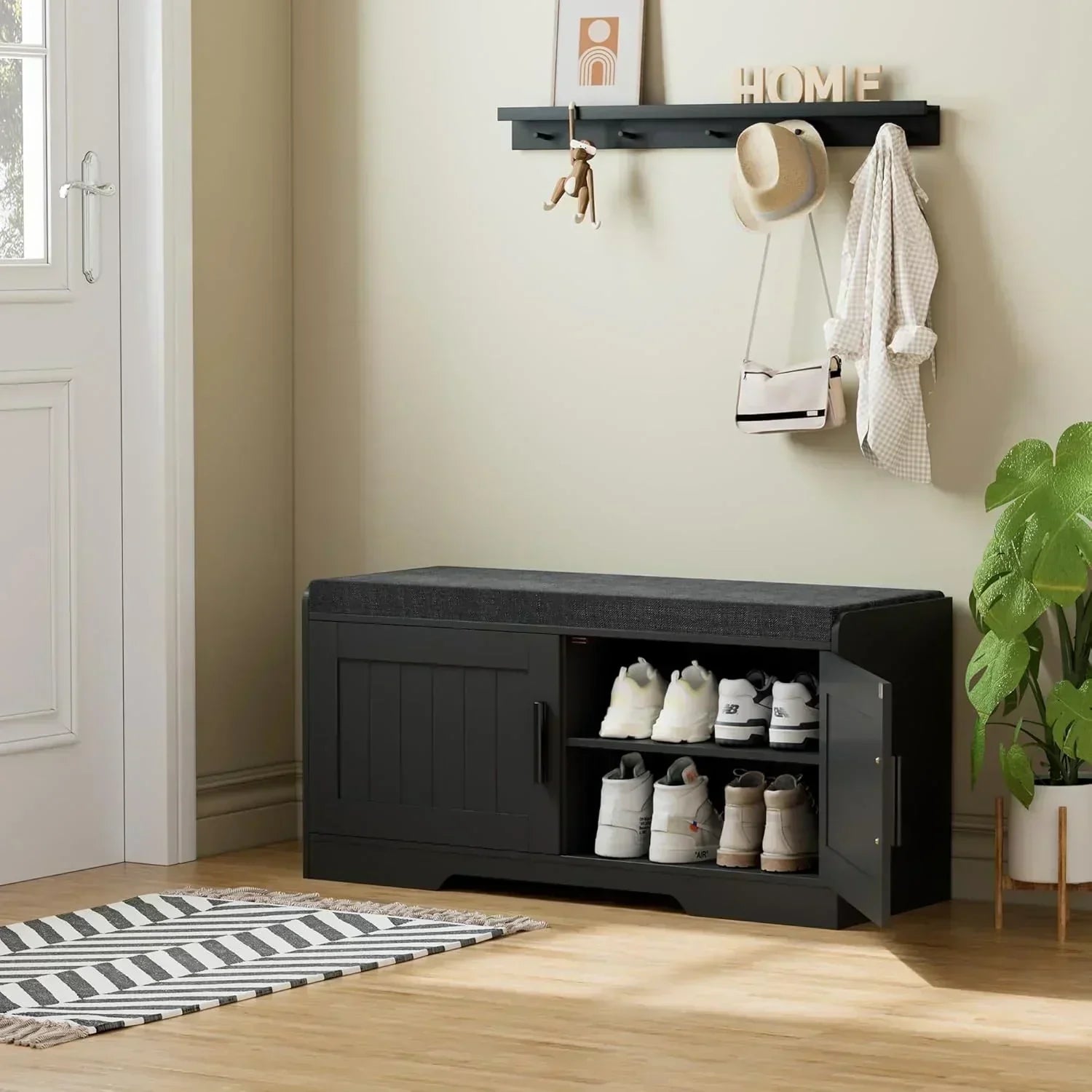 2-Tier Storage Bench Shoe Bench with Thickened Padded Seat Cushion Entryway Bench wourant