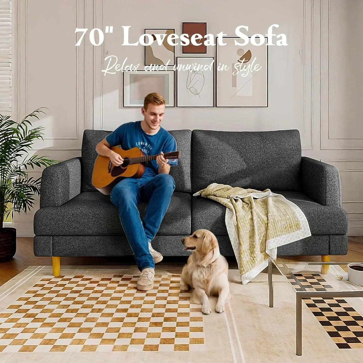 Loveseat Sofa Couch for Living Room with USB Type C Ports Dark Gray Upholstered Small Couches wourant