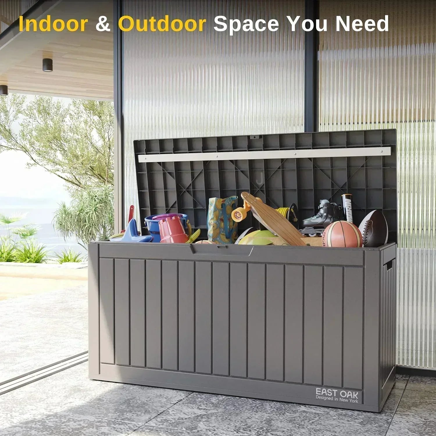 EAST OAK Outdoor Storage Box 60 Gallon Deck Box Indoor and Outdoor Use Waterproof Resin Storage wourant