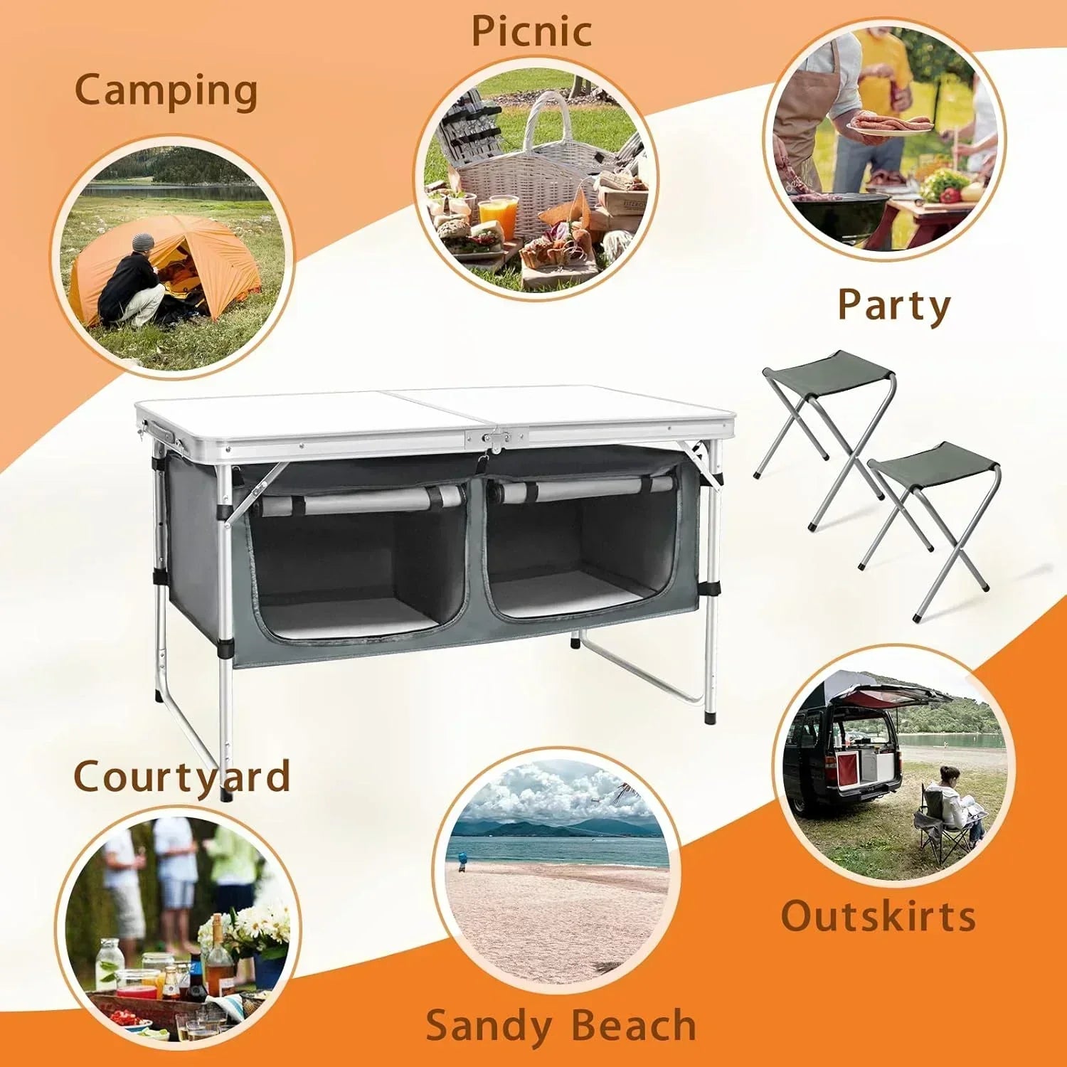 Outdoor Folding Table Aluminum Lightweight Height Adjustable with Storage Organizer wourant