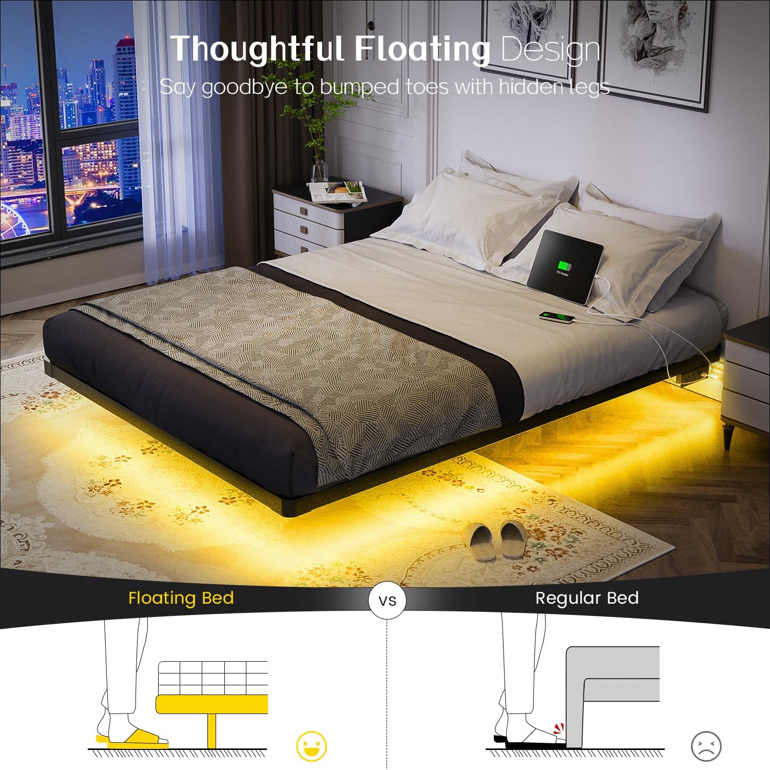 OLEVS Floating Bed Frame Queen Size with Smart LED Lights Modern Metal Platform Bed wourant