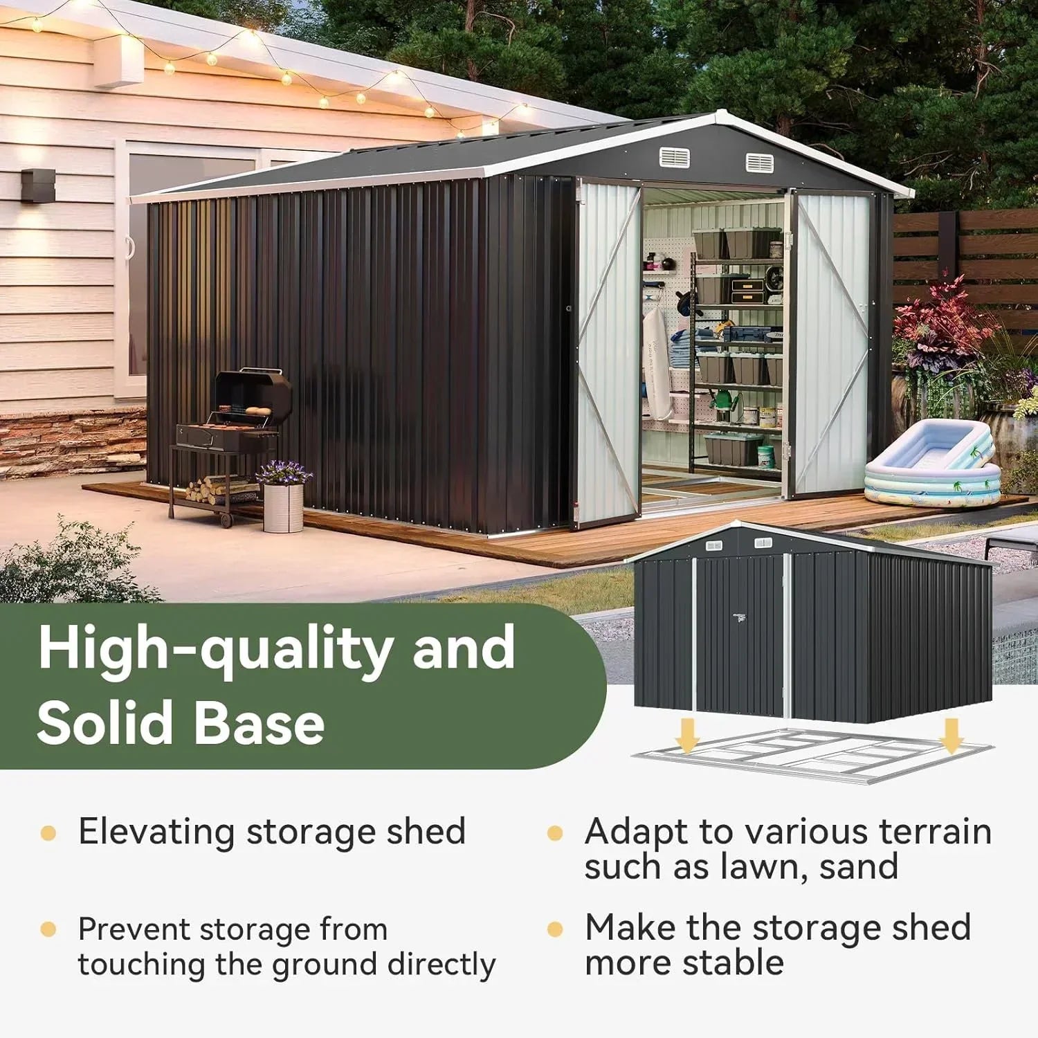 Aoxun 12x10 FT Shed Metal Outdoor Waterproof Storage Shed Steel Utility Garden Tool Shed wourant