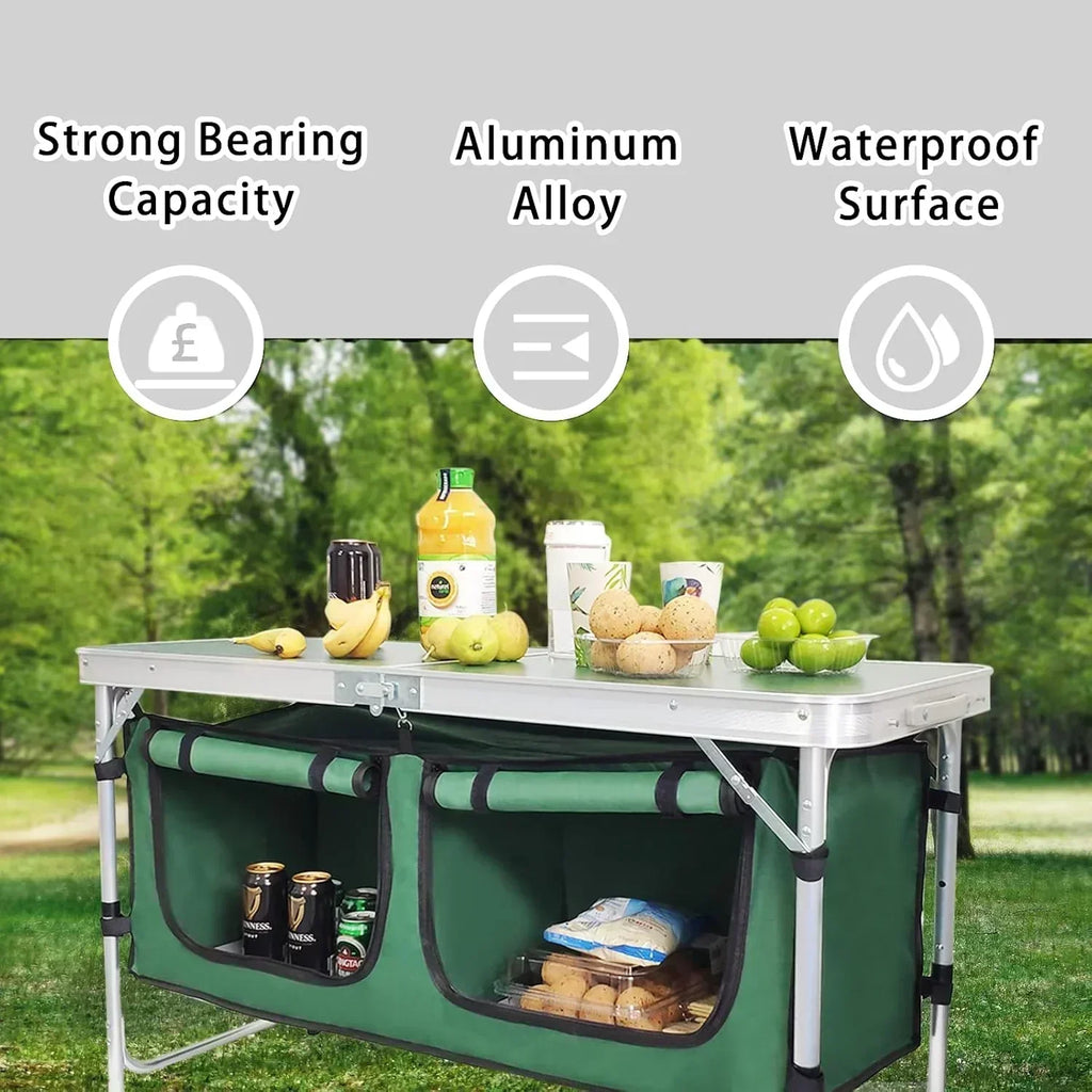 Outdoor Folding Table Aluminum Lightweight Height Adjustable with Storage Organizer wourant
