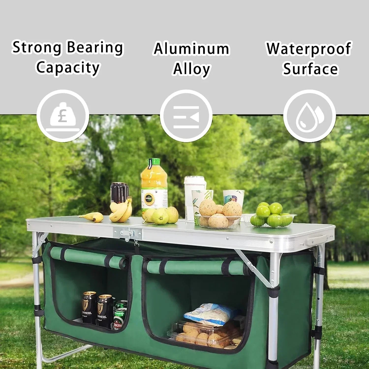 Outdoor Folding Table Aluminum Lightweight Height Adjustable with Storage Organizer wourant
