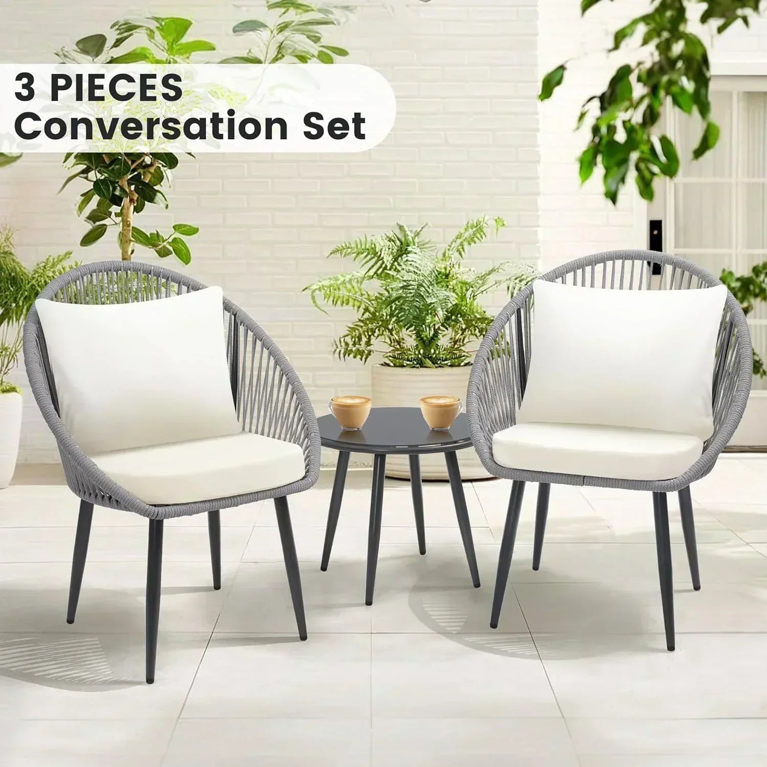3 Piece Bistro Set Woven Rope Chair with Cushions All Weather Patio Conversation Set Side Table wourant