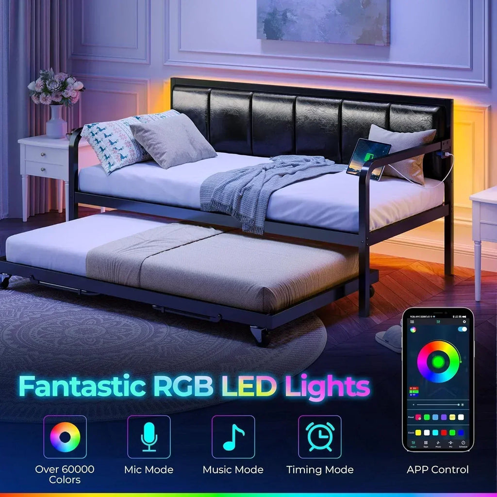 Rolanstar Daybed with Charging Station and LED Lights Height Adjustable Twin Daybed wourant