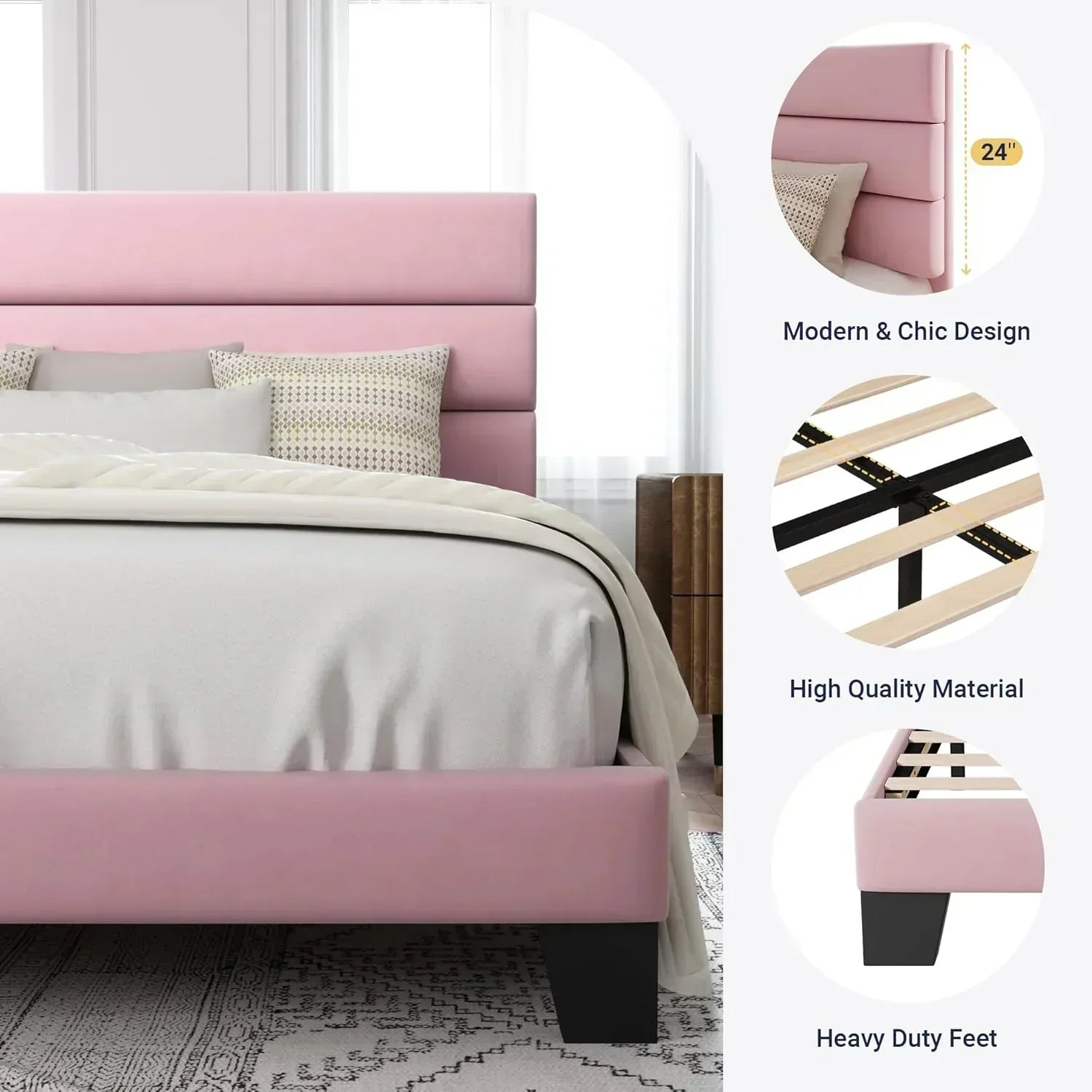 Allewie King size platform bed frame with velvet upholstered headboard and planks wourant