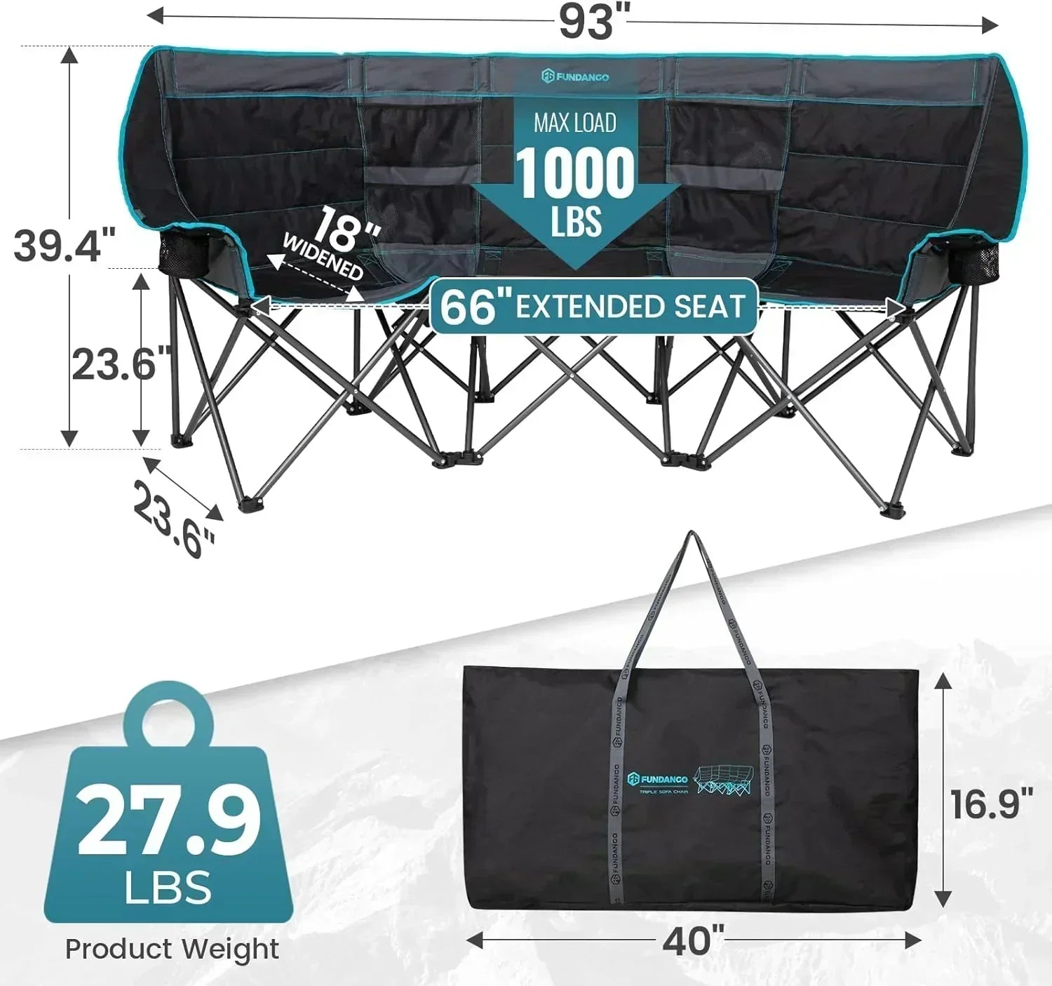 Double Camping Chair Cooler 3-Person Folding Extra Large Camping Chair 1000-Pound Capacity wourant