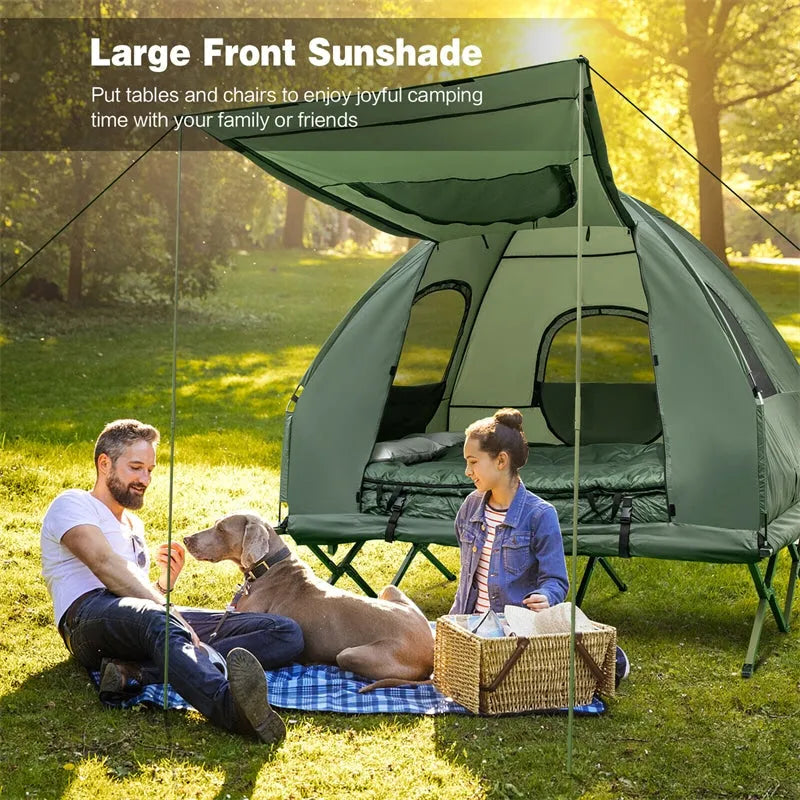 5-in-1 Tent Cot 2-Person Portable Outdoor Camping Tent Combo with Air Mattress Sleeping Bag & Sunshade wourant