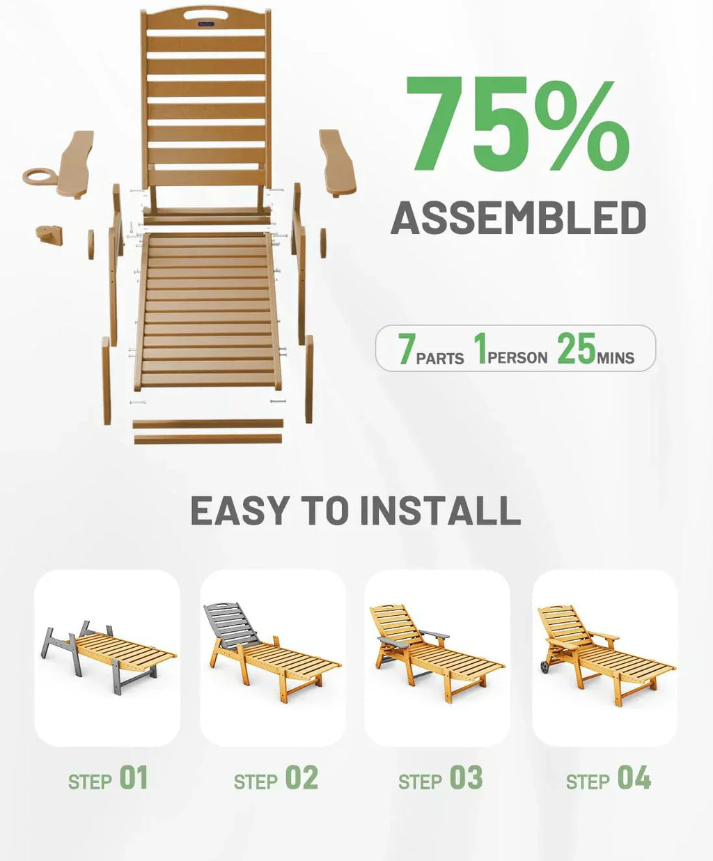 Lounge Chair Outdoor Chaise Lounge HDPE 6-Position Outdoor Chaise Lounge Patio Lounge Chair wourant