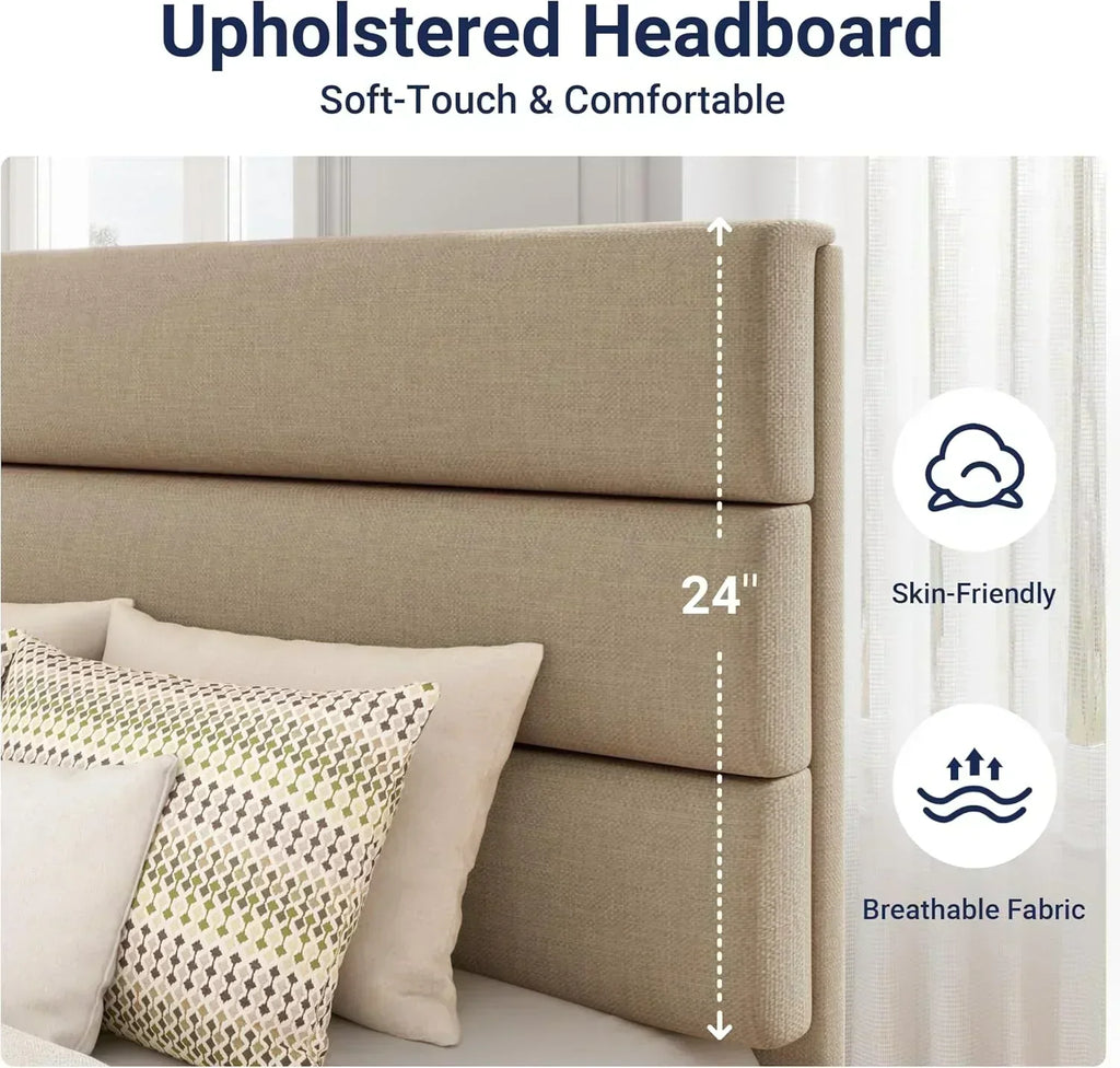 Allewie Queen Size Platform Bed Frame with Fabric Upholstered Headboard Wooden Slats Support wourant