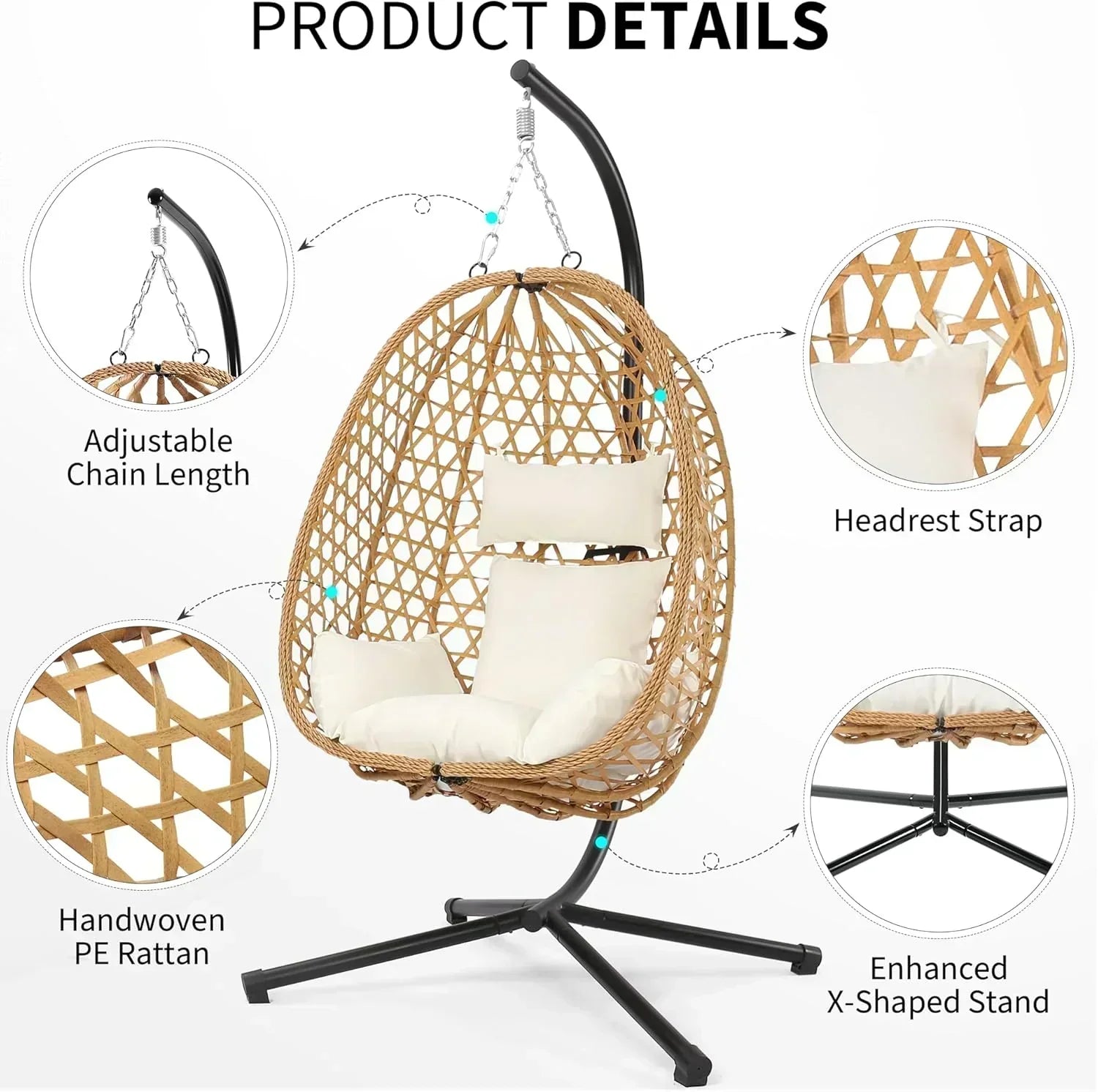 Egg Chair with Stand Patio Wicker Hanging Chair Hammock Swing Chair 350LBS Capacity for Bedroom wourant