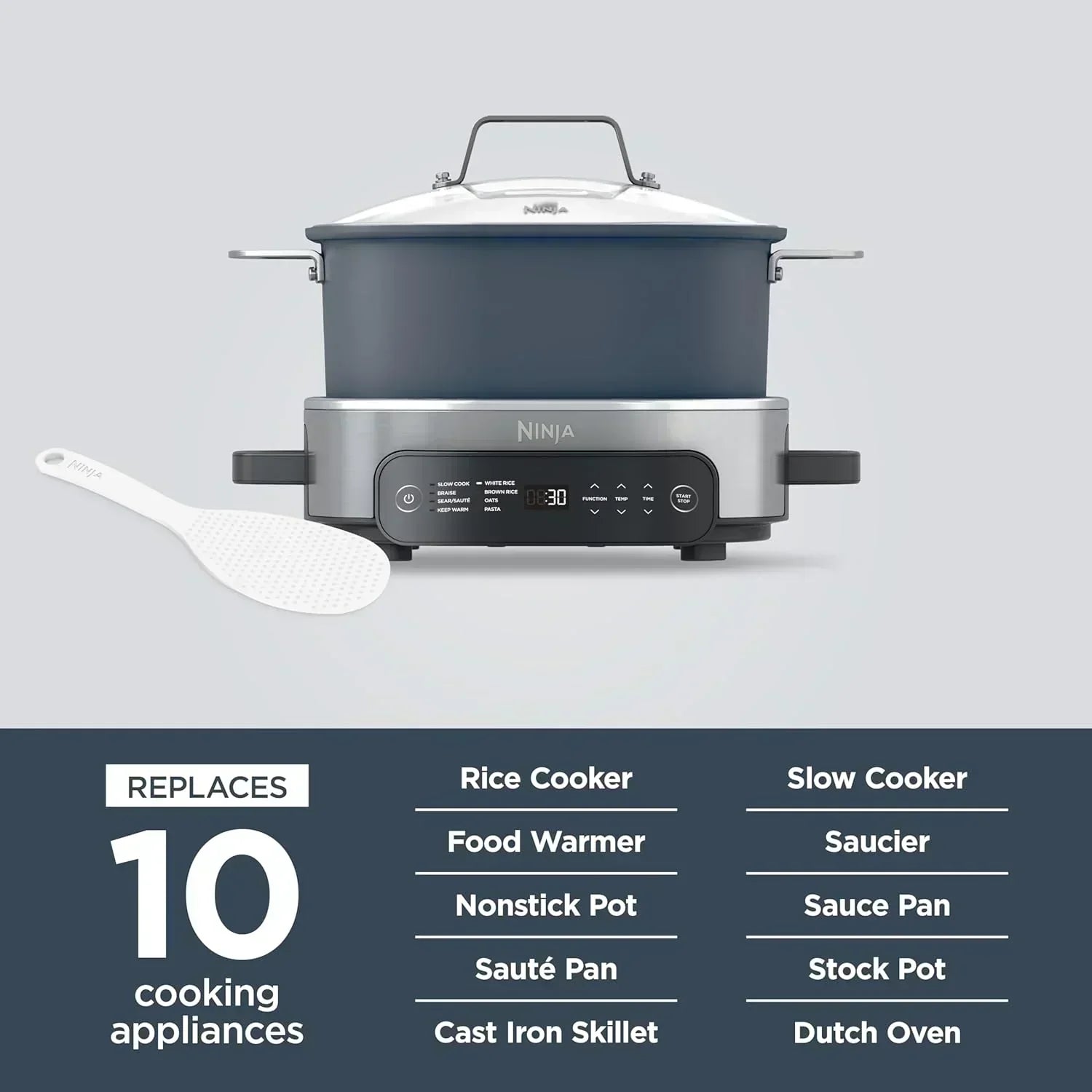 Ninja Slow Cooker 8.5 Quart Multi Cooker with Dutch oven steamer glass lid with integrated spoon wourant