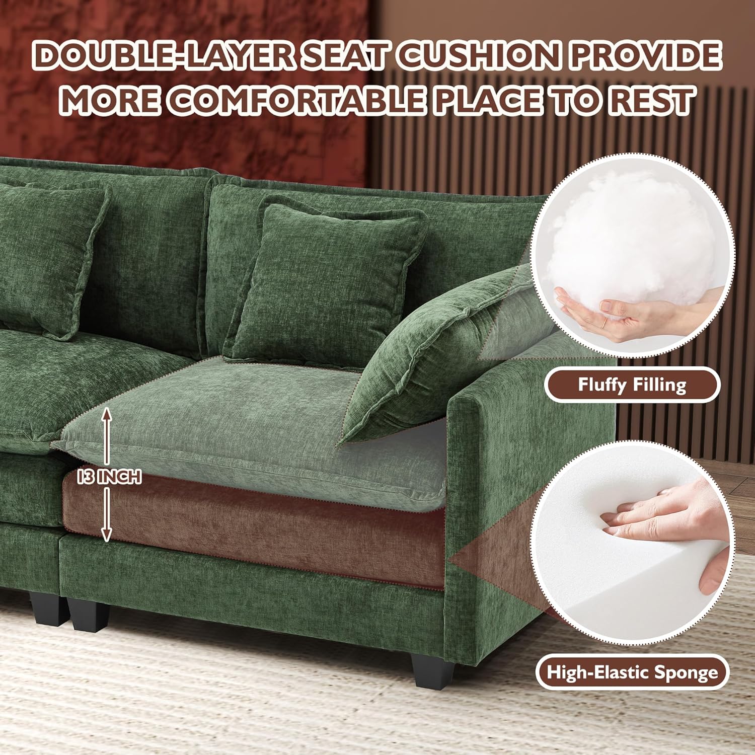 111.4 Inch L Shaped Modern Sofa Modular Cloud Sofa with Ottoman 4 Seater Chenille Deep Seat Sofa wourant